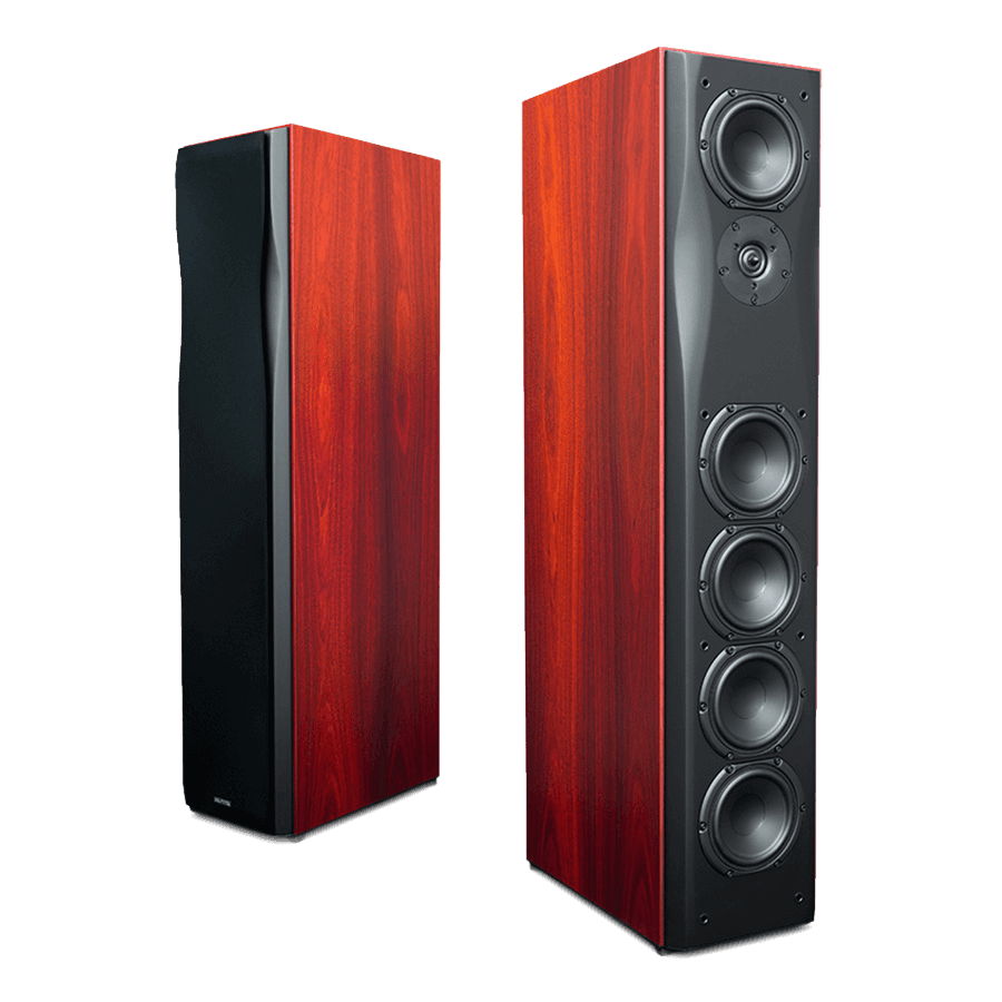 Two tall floorstanding speakers with wood grain.