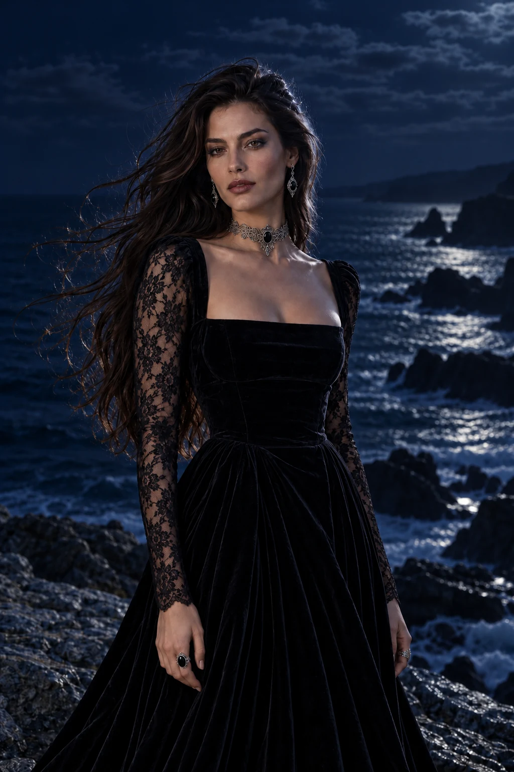 Ines Calder in black velvet by the moonlit coast