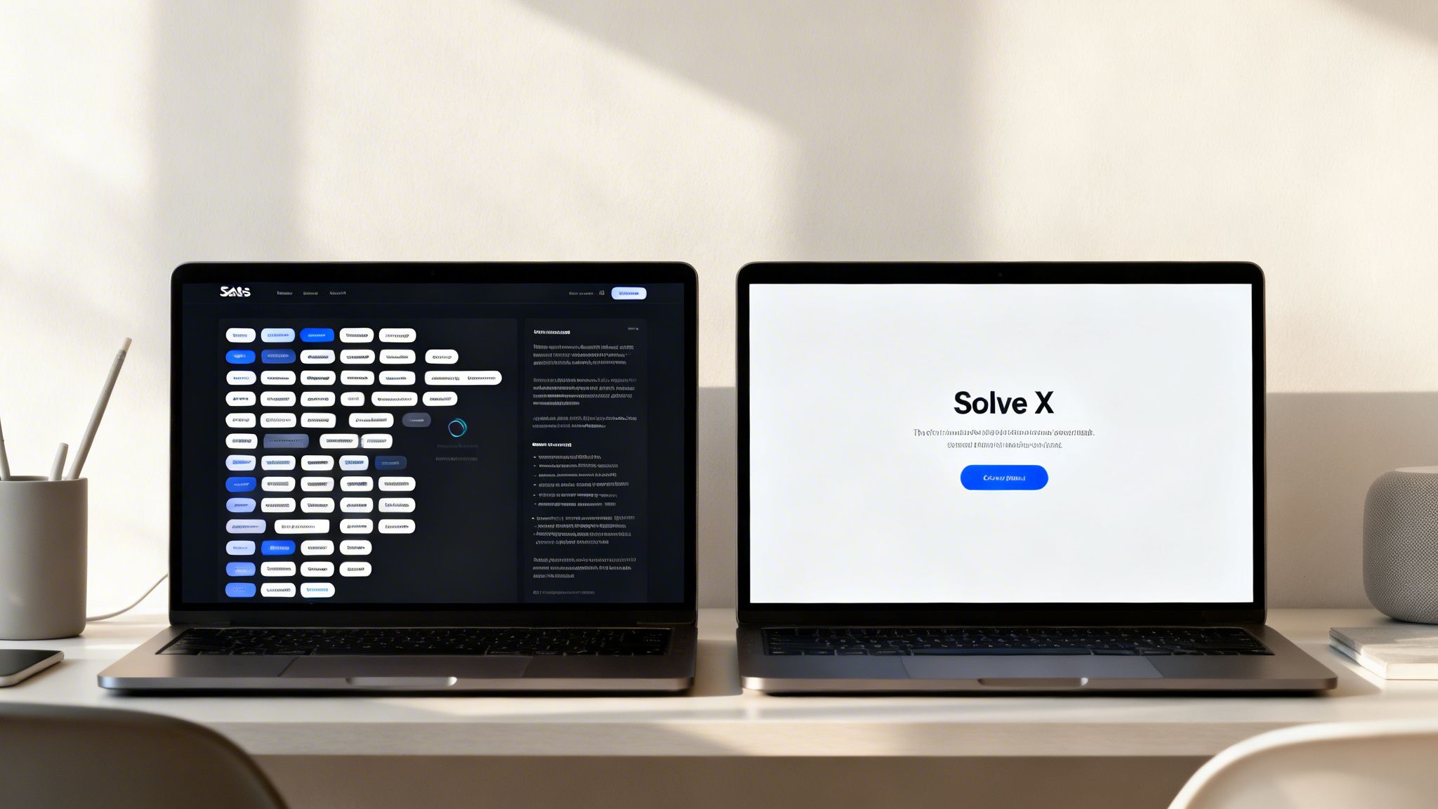 Two laptops showcasing a dark SaaS dashboard and a bright landing page on a modern desk.