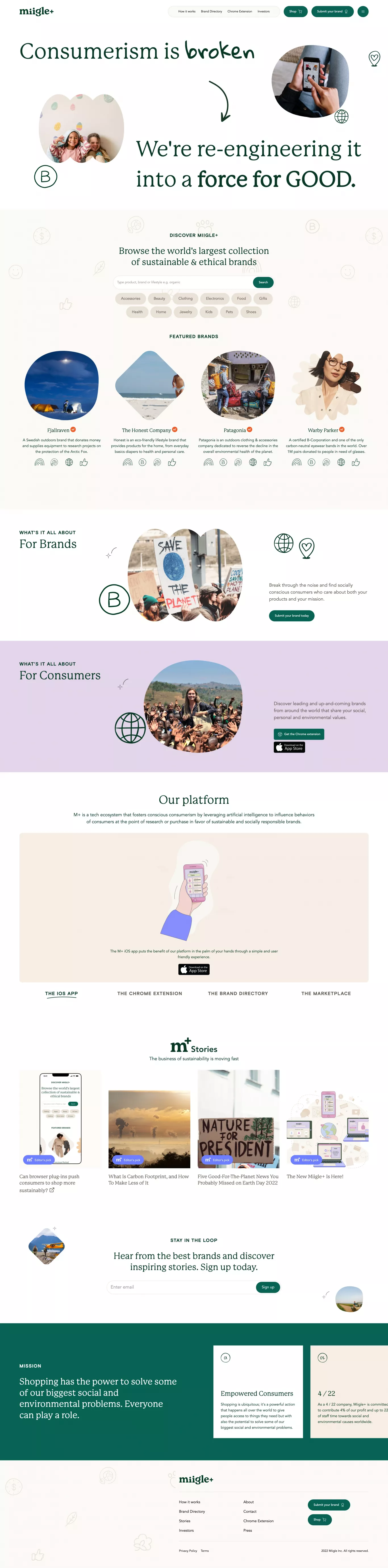 Using AI to Help The World Shop More Sus landing page screenshot showcasing Tech and Food & Drinks design