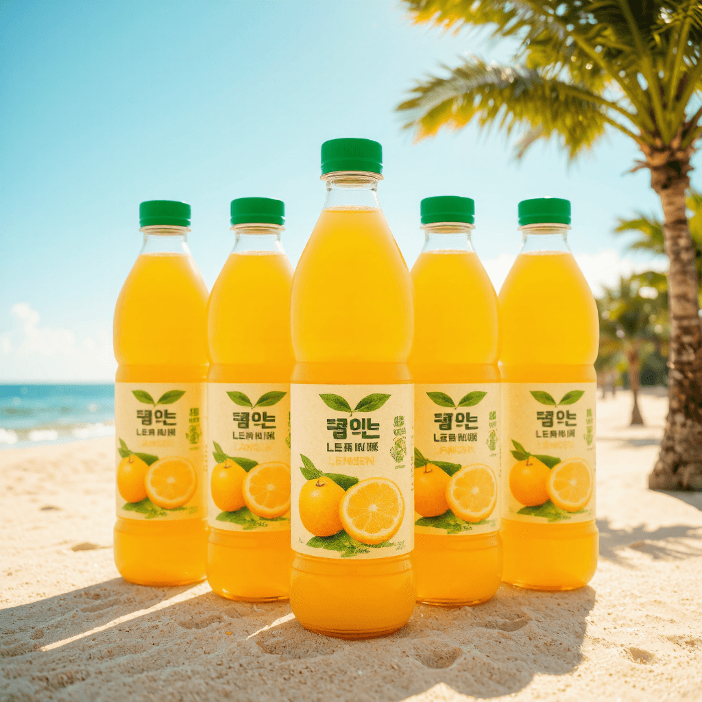 product photography of a pack of fruit juice bottles, specifically lemon juice