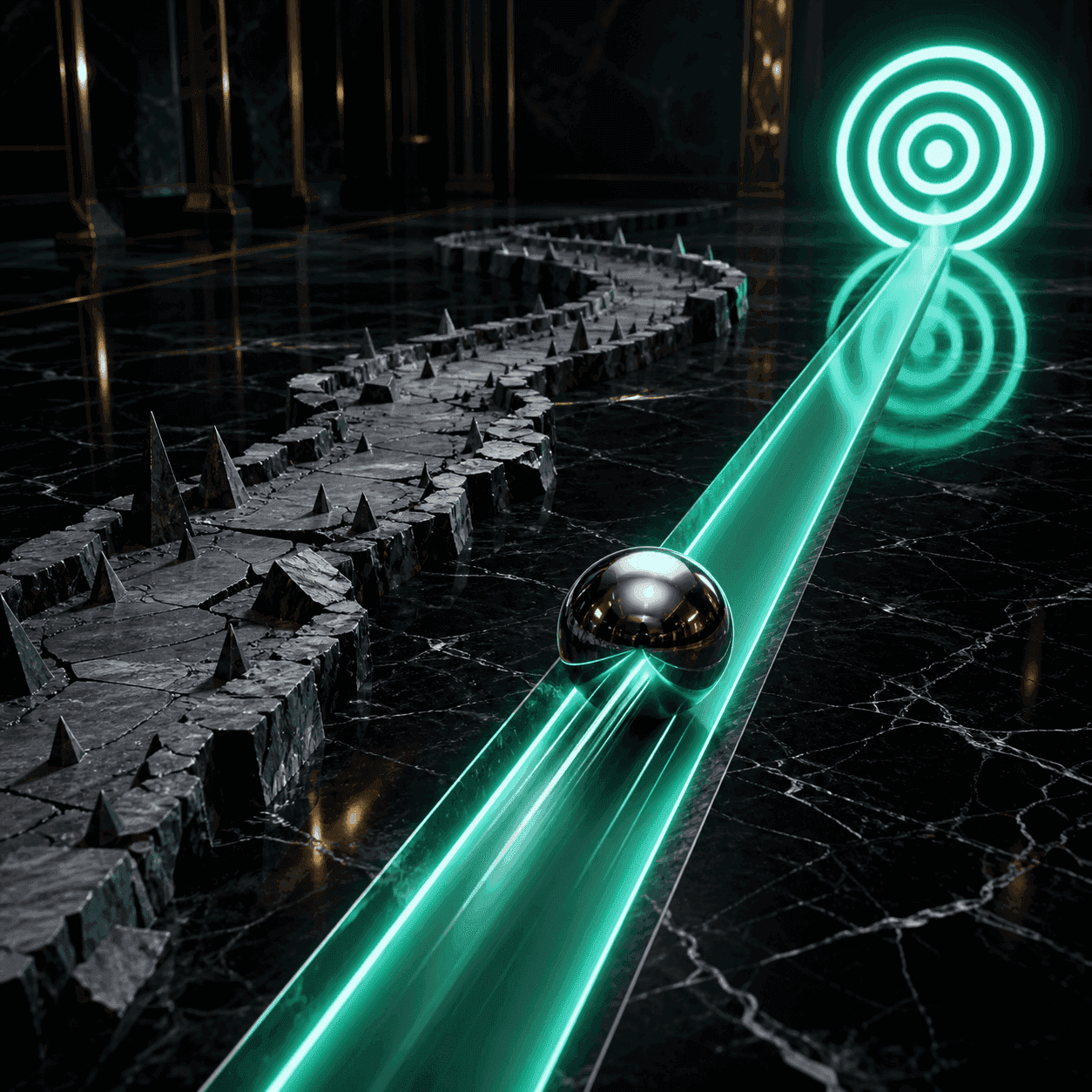 Abstract 3D visualization on polished dark marble contrasting two different buyer journeys. On the left, a jagged, winding grey path filled with sharp obstacles represents a poor, friction-filled client experience. On the right, a perfectly straight, smooth, glowing neon green path with a chrome sphere rolling rapidly toward a glowing target symbolizes an optimized, frictionless pre-contact journey leading directly to high conversion rates.