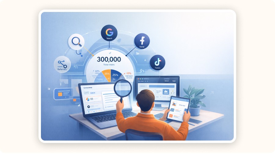 Illustration d’un entrepreneur analysant le trafic d’un site concurrent