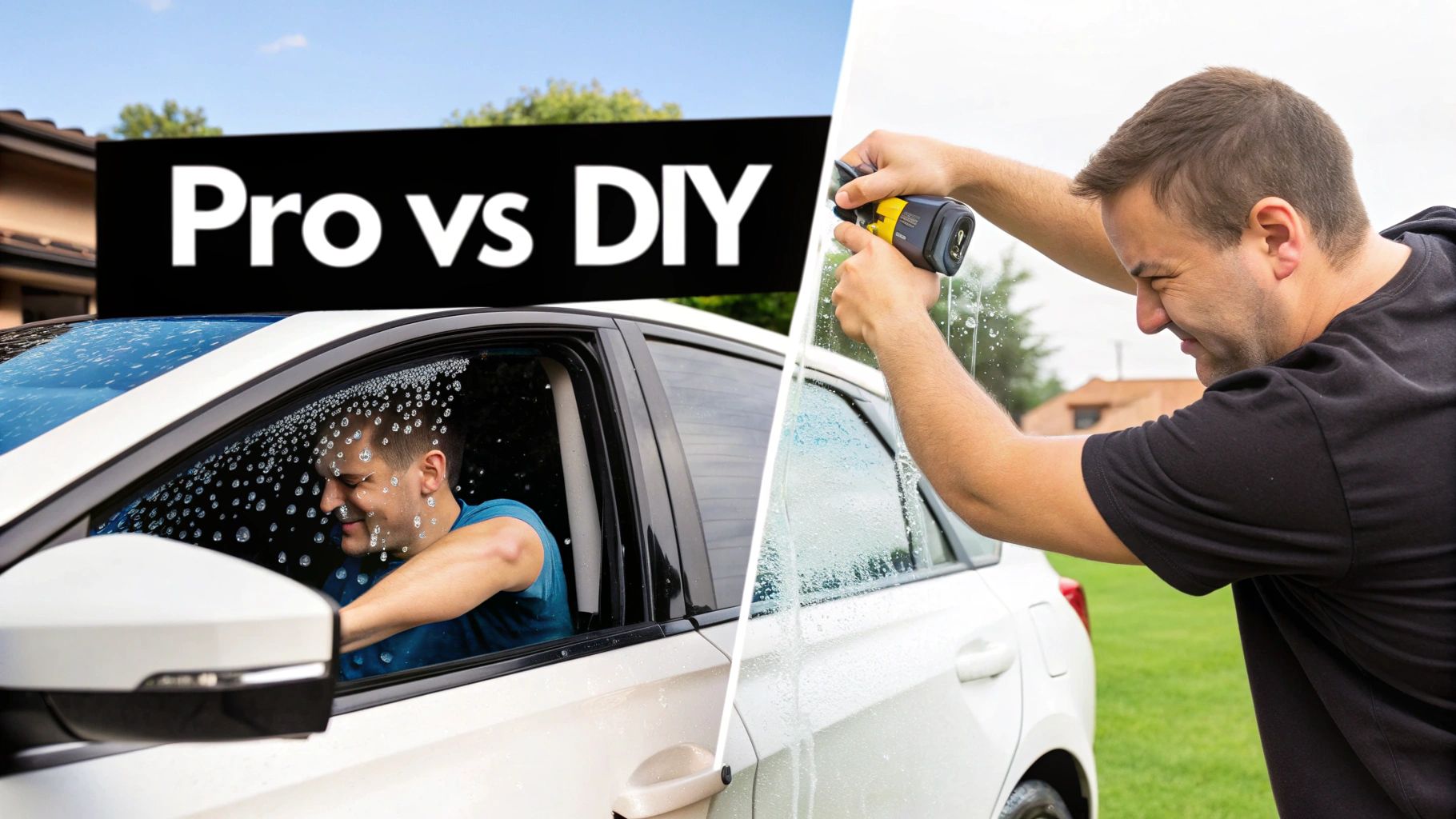 Side-by-side comparison of professional auto window tinting with a DIY application on a white car.