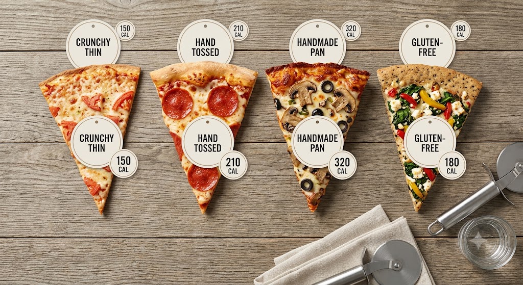 A direct overhead food comparison showing one heavily topped pizza slice labeled 'High Calorie' next to a 'Healthy Under 500 Calories' thin crust chicken and veggie slice. Both are arranged on a rustic wooden table with fresh ingredients scattered around.