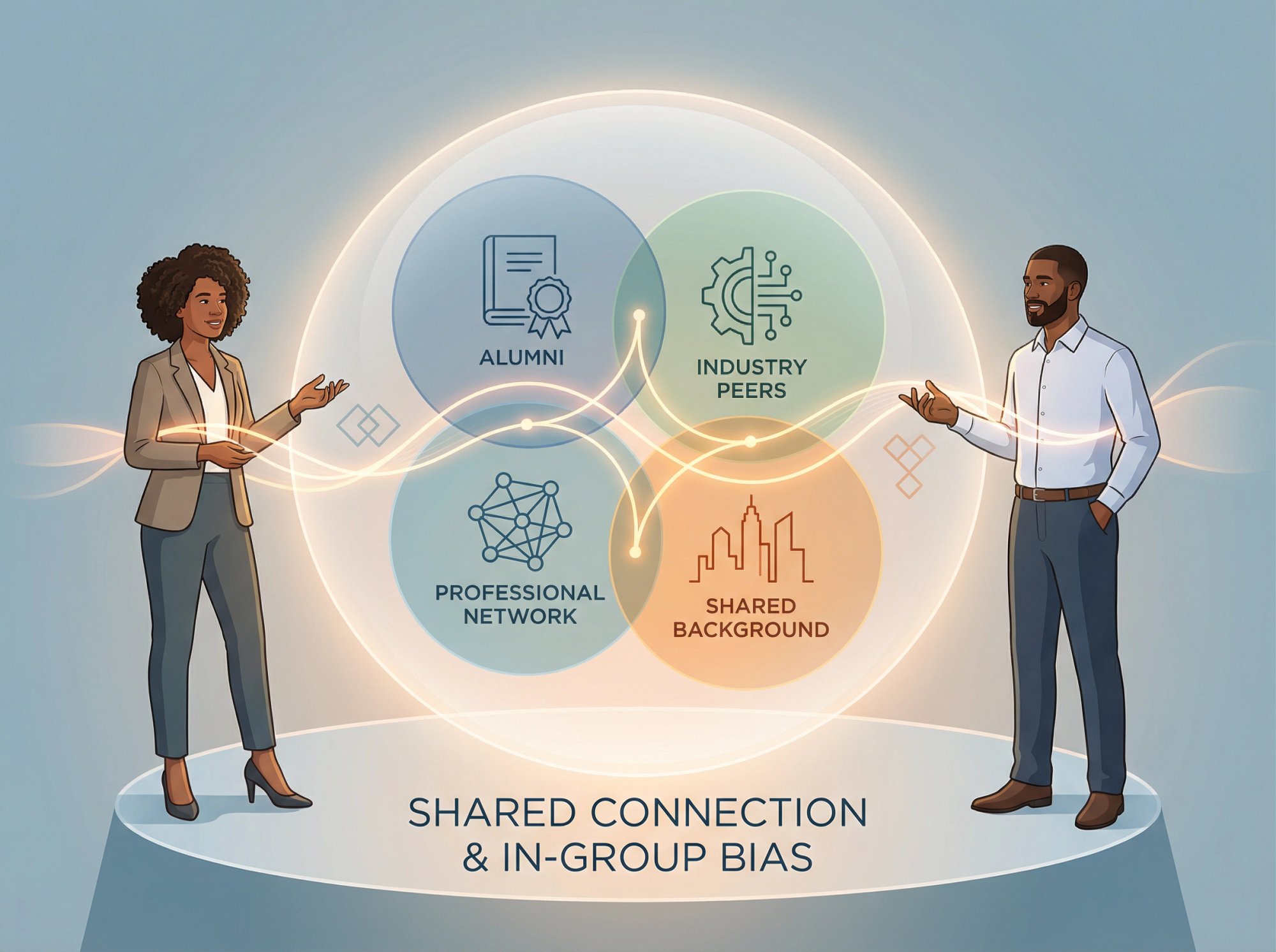 Visual representation of shared connection and in-group bias in business relationships, showing overlapping circles symbolizing common ground, alumni networks, or industry experience creating warmer professional connections