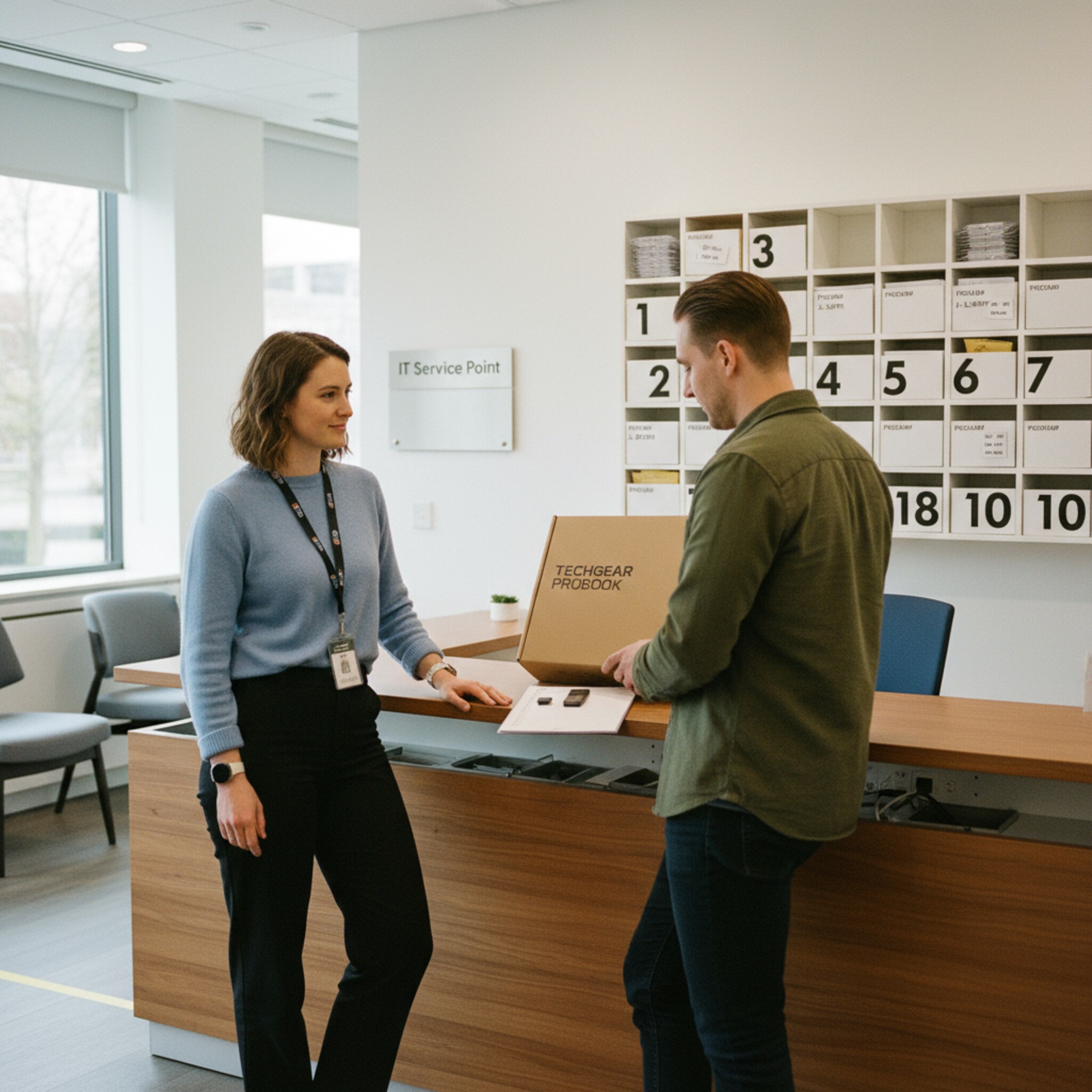 Am IT-Servicepoint steht eine Mitarbeiterin mit Besucherausweis an einem Tresen. Ein Kollege reicht einen Laptopkarton und prüft Zubehör auf einer kleinen Checkliste. Im Hintergrund wartet eine schlichte Ablage mit nummerierten Fächern. Die Atmosphäre ist freundlich, strukturiert und auf zügige Übergaben ausgelegt.