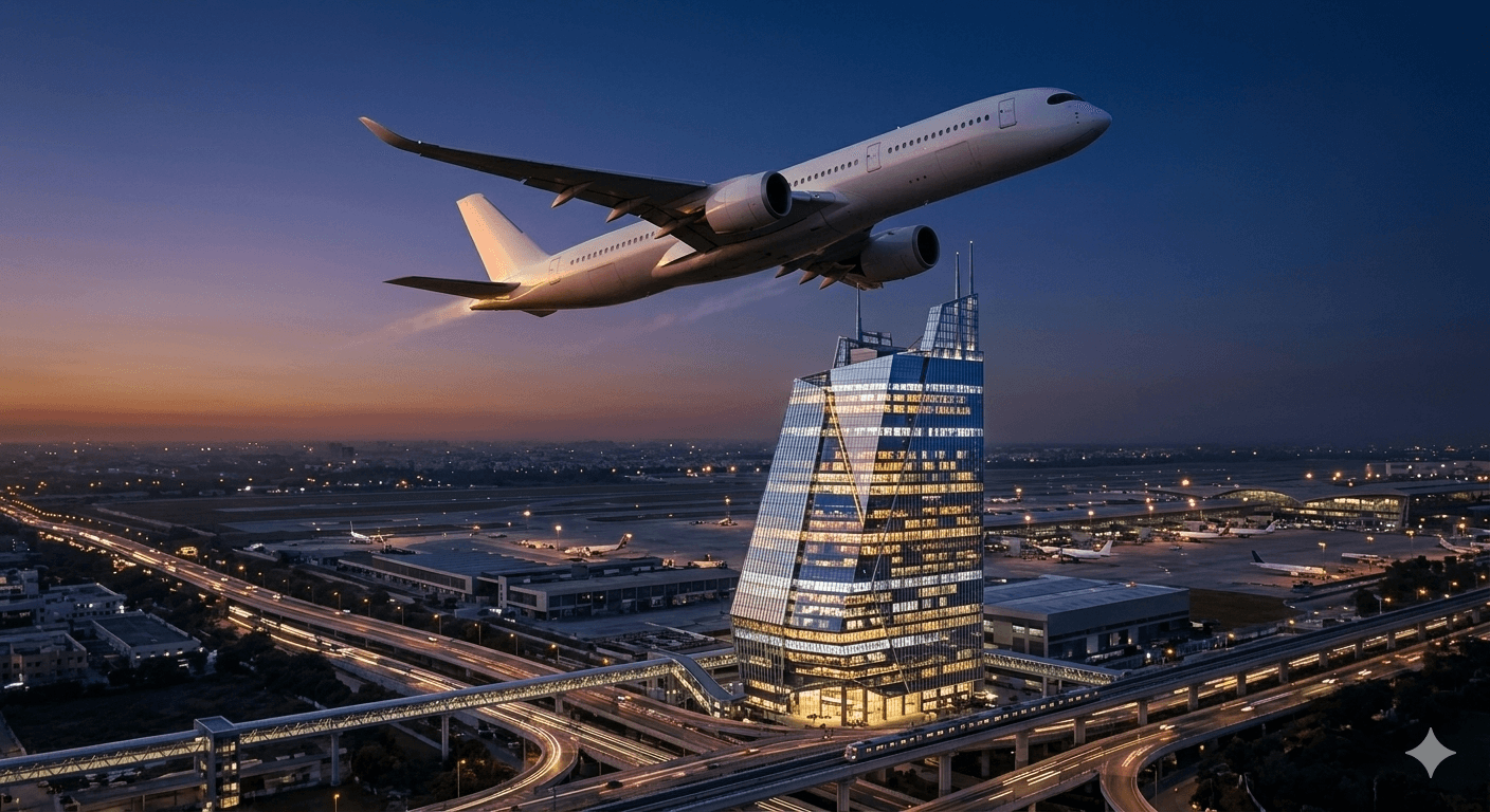 Modern glass office tower in Sector 113 Gurugram with an airplane flying overhead, symbolizing proximity to IGI Airport.