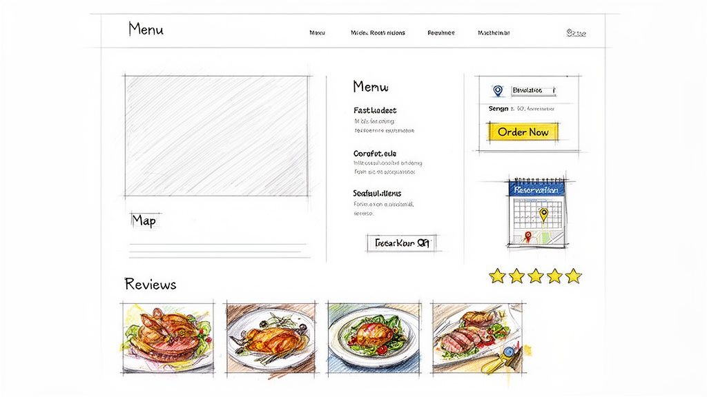 A hand-drawn sketch of a restaurant website layout, featuring menu, map, online ordering, reservation, and customer reviews.