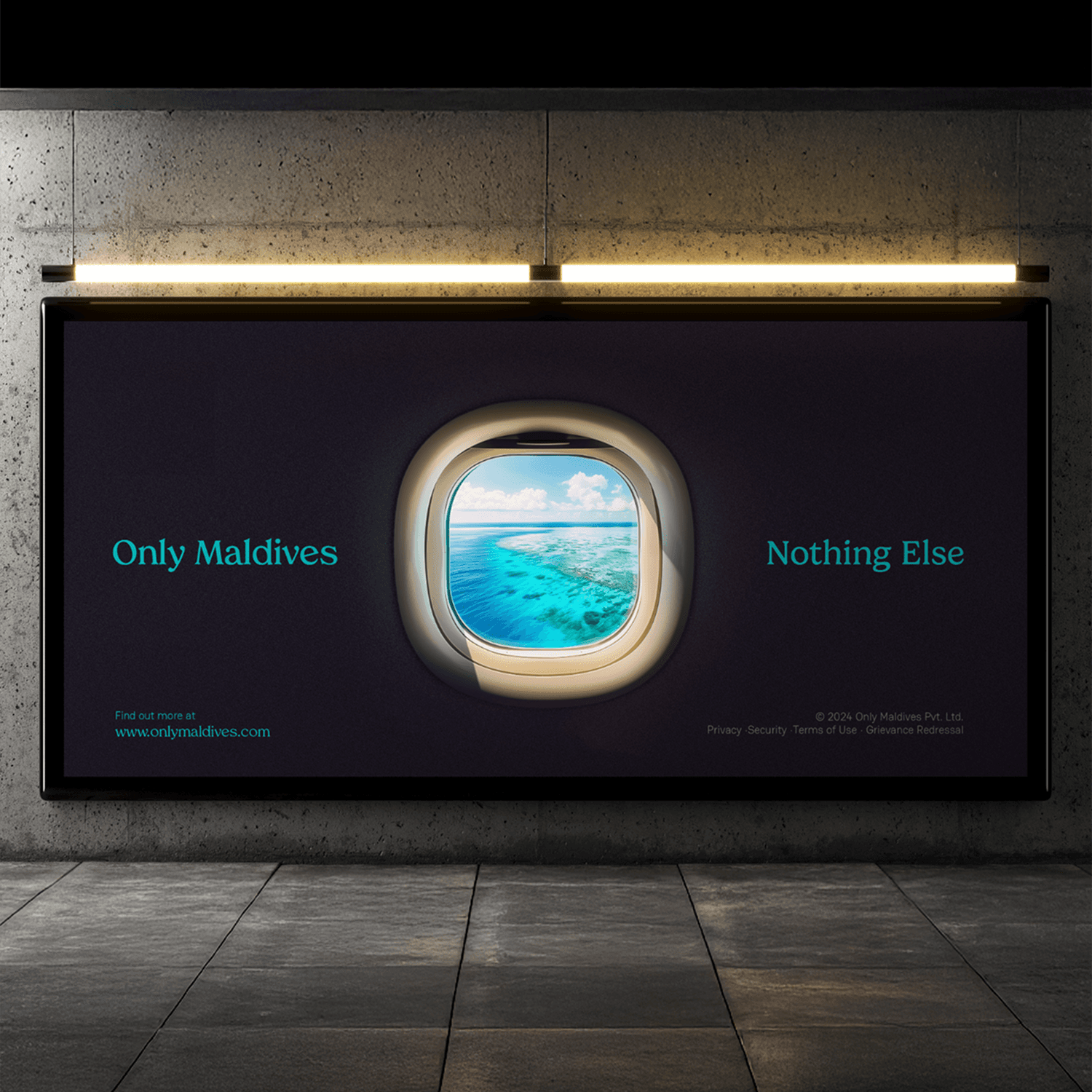 Only Maldives homepage mockup with porthole hero view and seamless booking journey