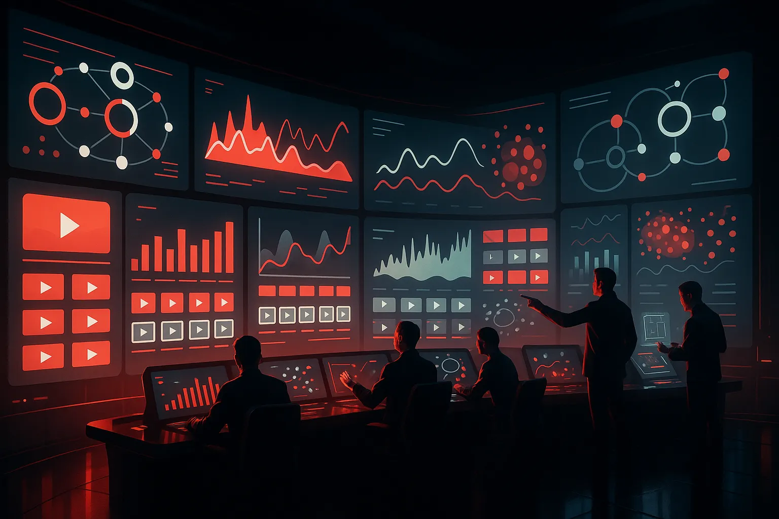 RockN' Socials team analyzing data at a digital marketing agency command center.