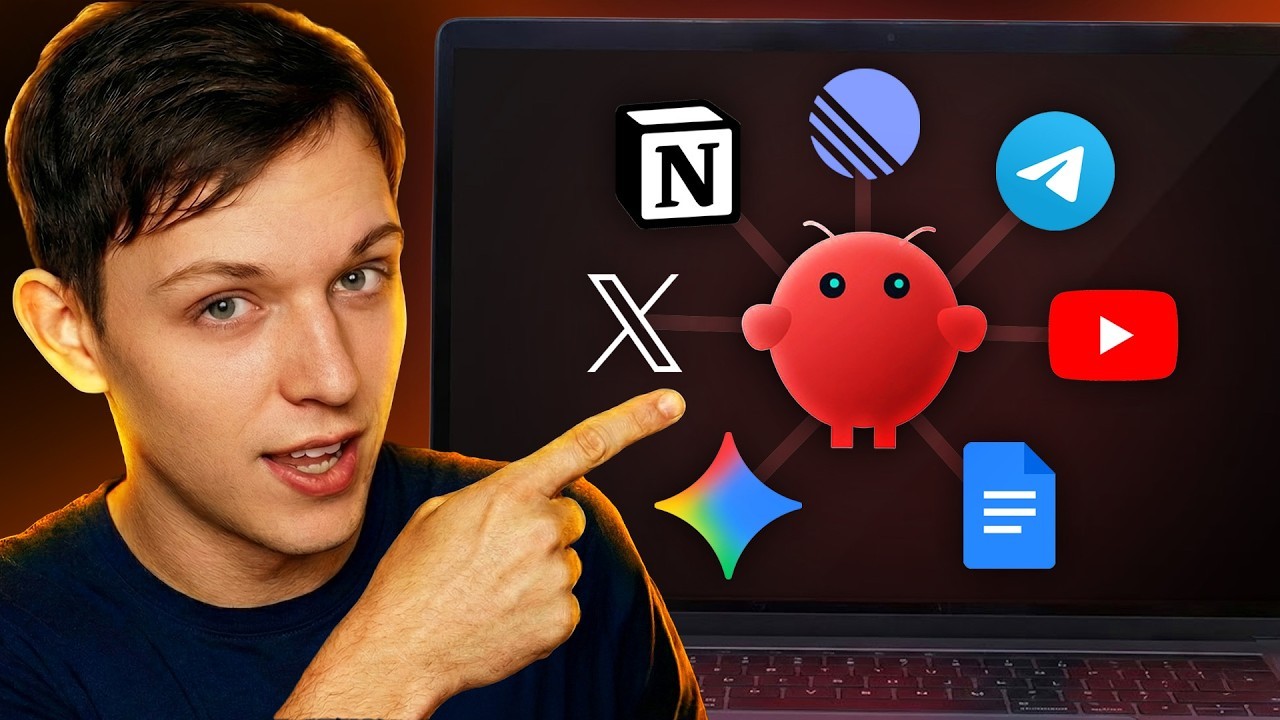 Riley Brown AI-style business automation thumbnail with laptop showing agent hub and app icons