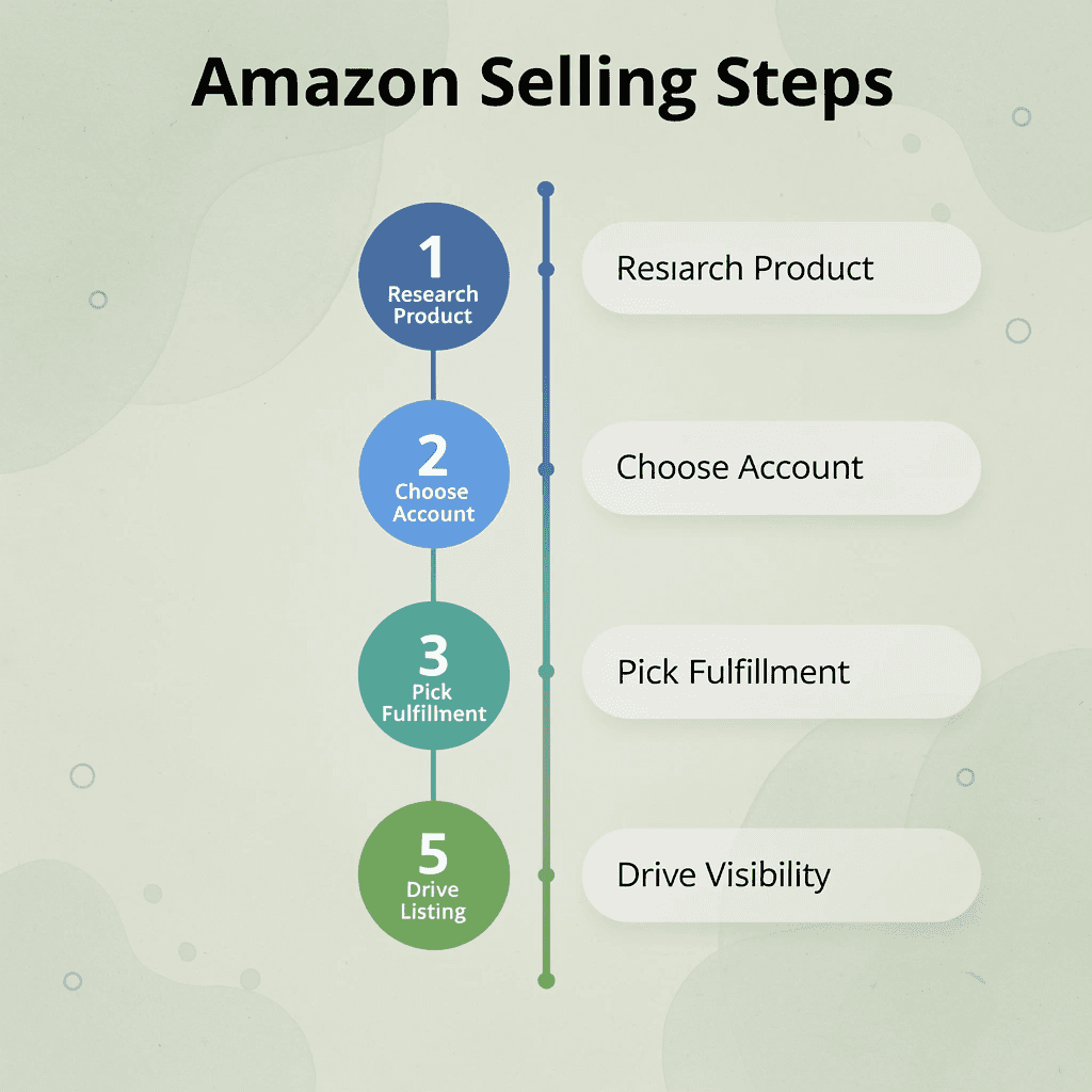 Numbered steps infographic showing the five stages of selling on Amazon