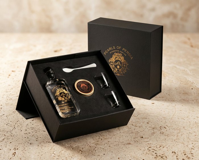 Luxury gift set with bottle, accessories, and packaging.