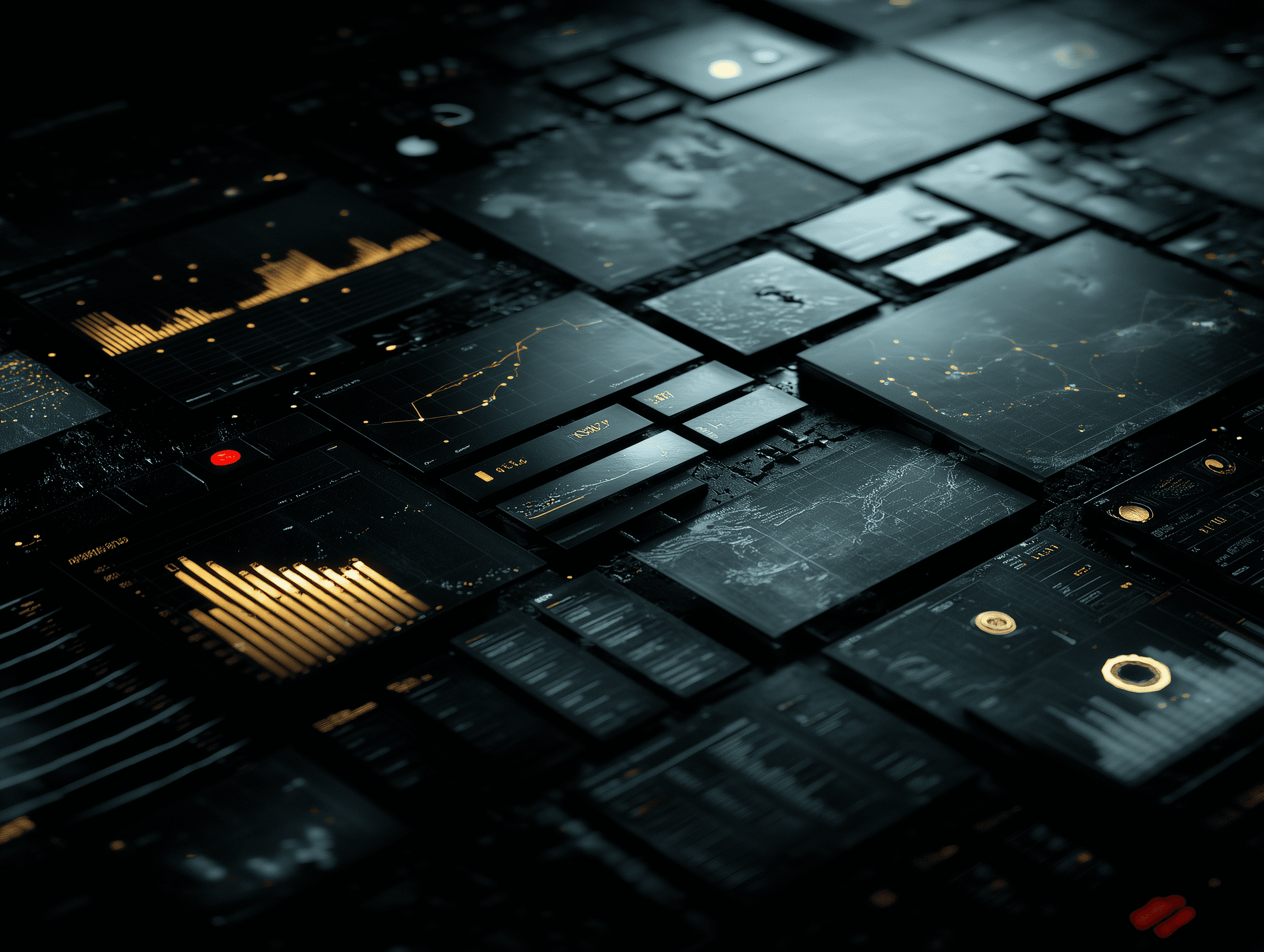 Abstract trade intelligence dashboard with layered analytics panels, charts, and data surfaces in a dark enterprise interface.