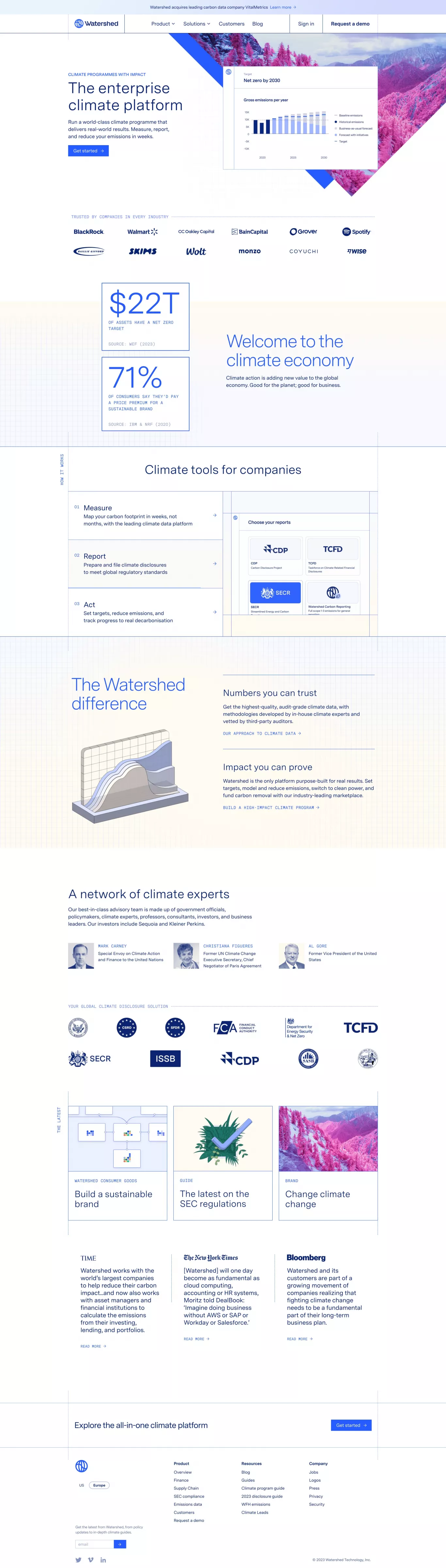 Watershed landing page screenshot showcasing Tech and Nature design