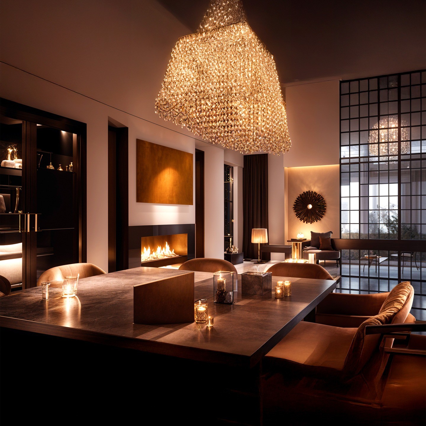 Dramatic luxury dining room with an oversized crystal chandelier, fireplace, and warm ambient lighting.