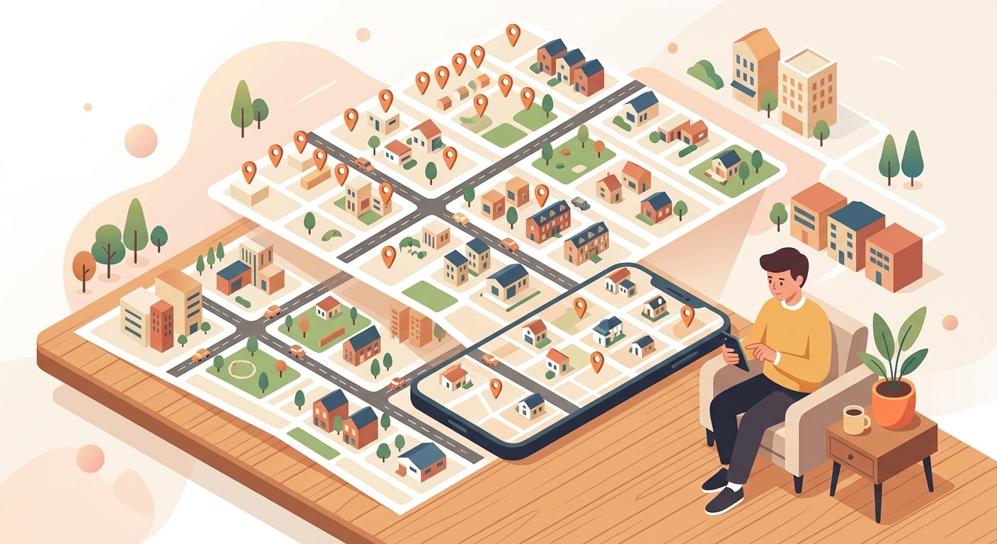 Person searching for homes on a real estate mobile app with map pins