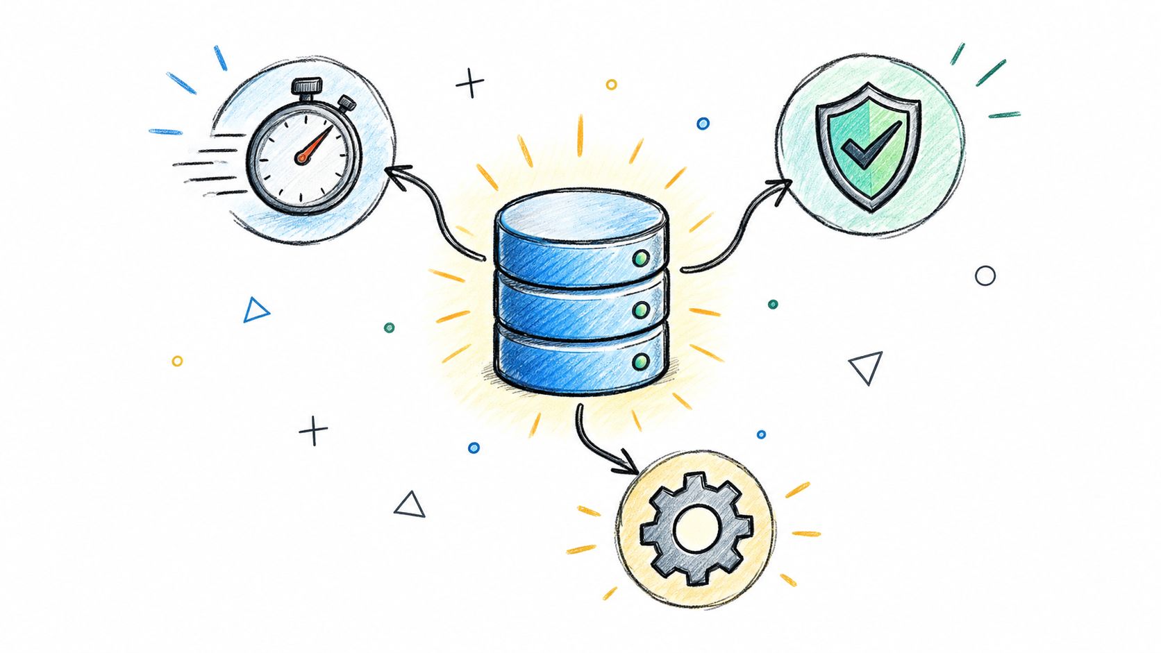 A hand-drawn illustration showing a central database icon connected to icons representing speed, security, and settings.