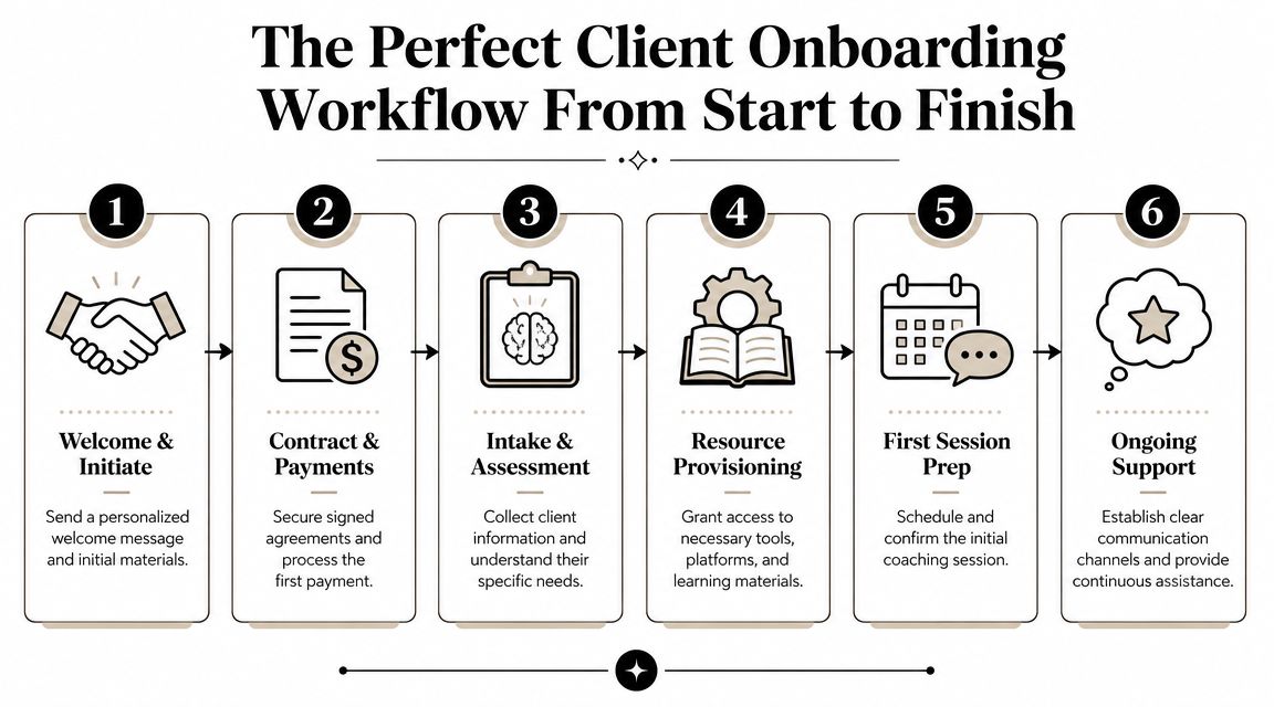 A flowchart showing the six-step perfect client onboarding process from initial welcome to ongoing support.