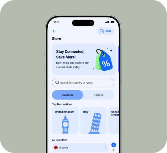 HERO app Store screen showing top destinations and list of available countries.