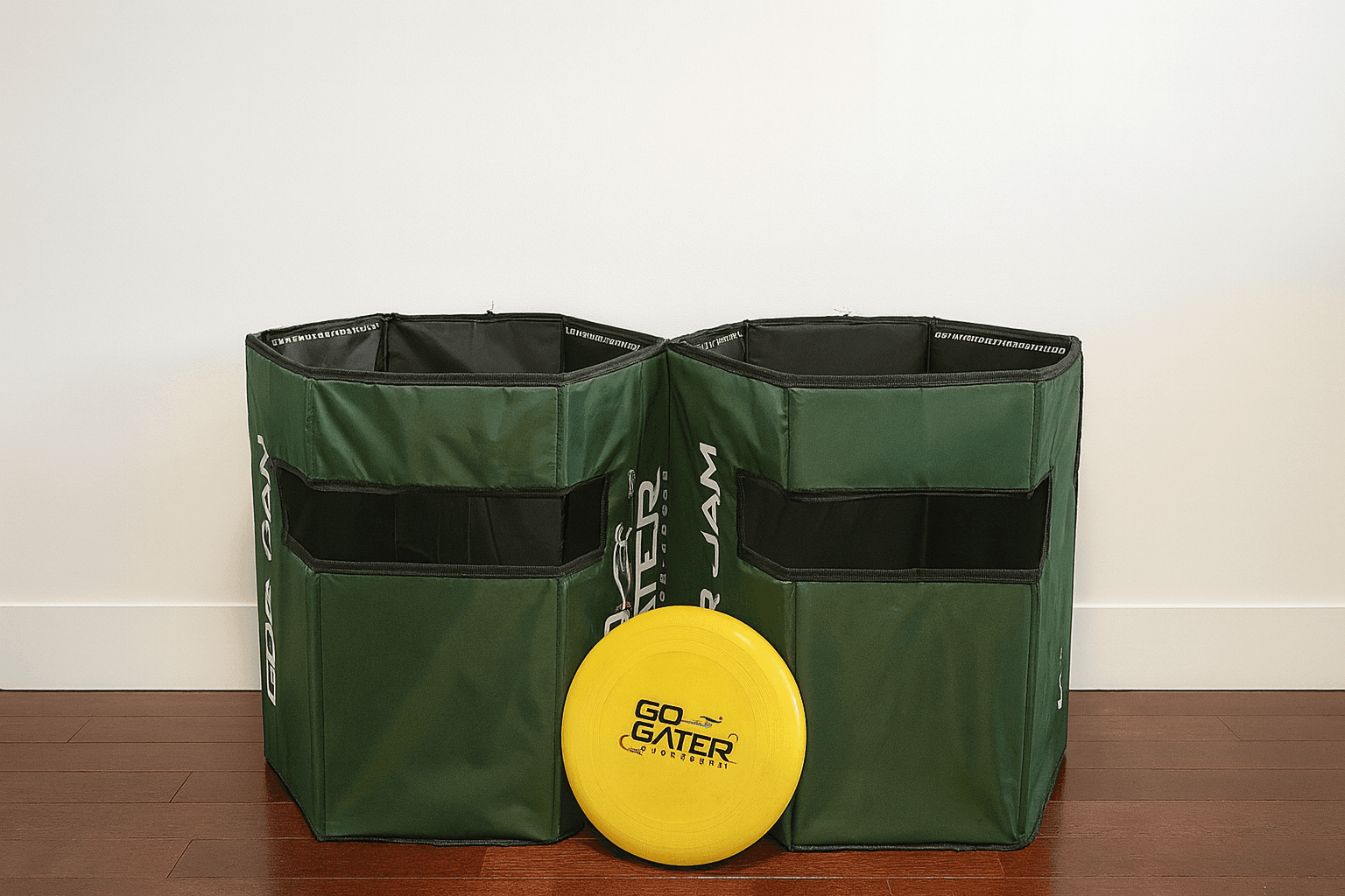 Jeu de lancer de frisbee Go Gater à louer à Montréal – 2 cibles pliables vertes et disque jaune