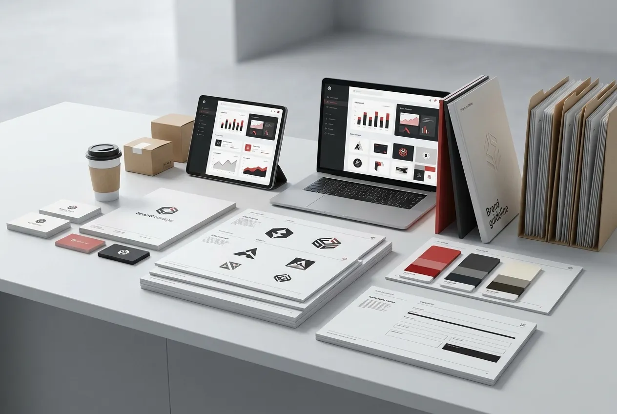 Digital Marketing setup by RockN' Socials on laptop, tablet, and phone.