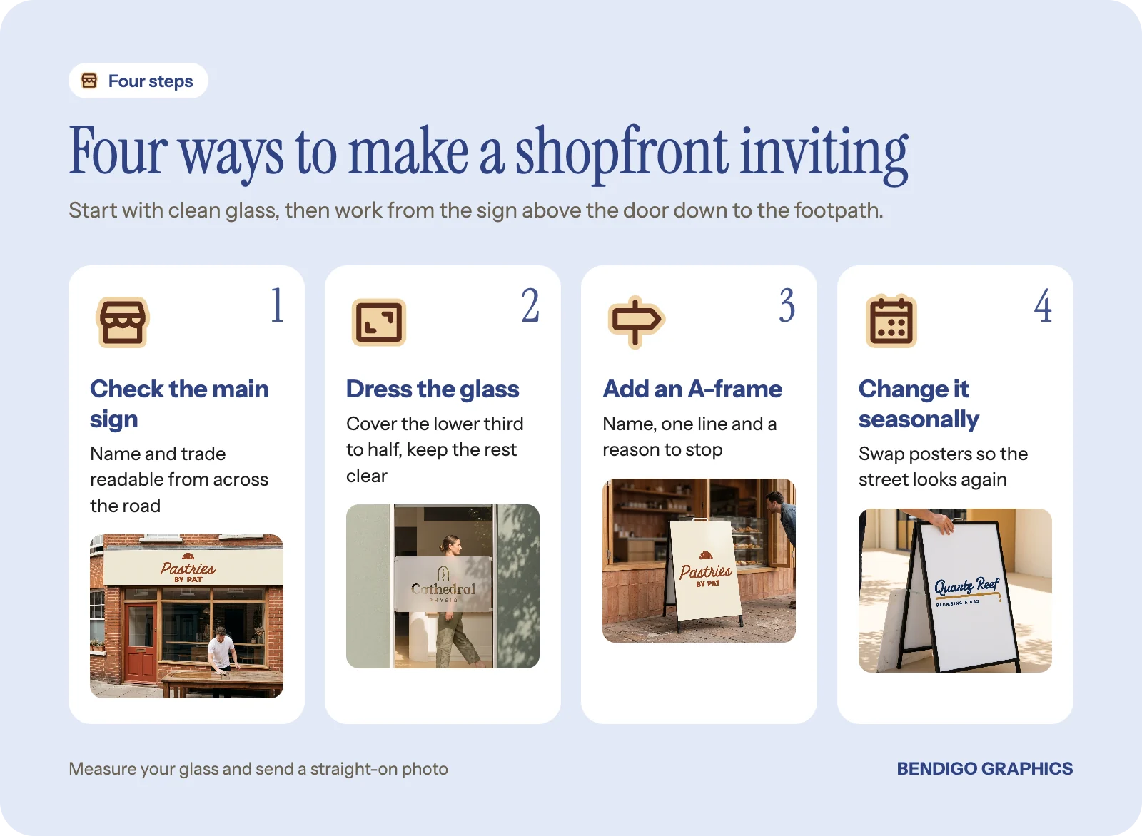 Four steps to an inviting shopfront: a clear main sign, window graphics on the lower glass, a footpath A-frame and a changeover A-frame for seasons.