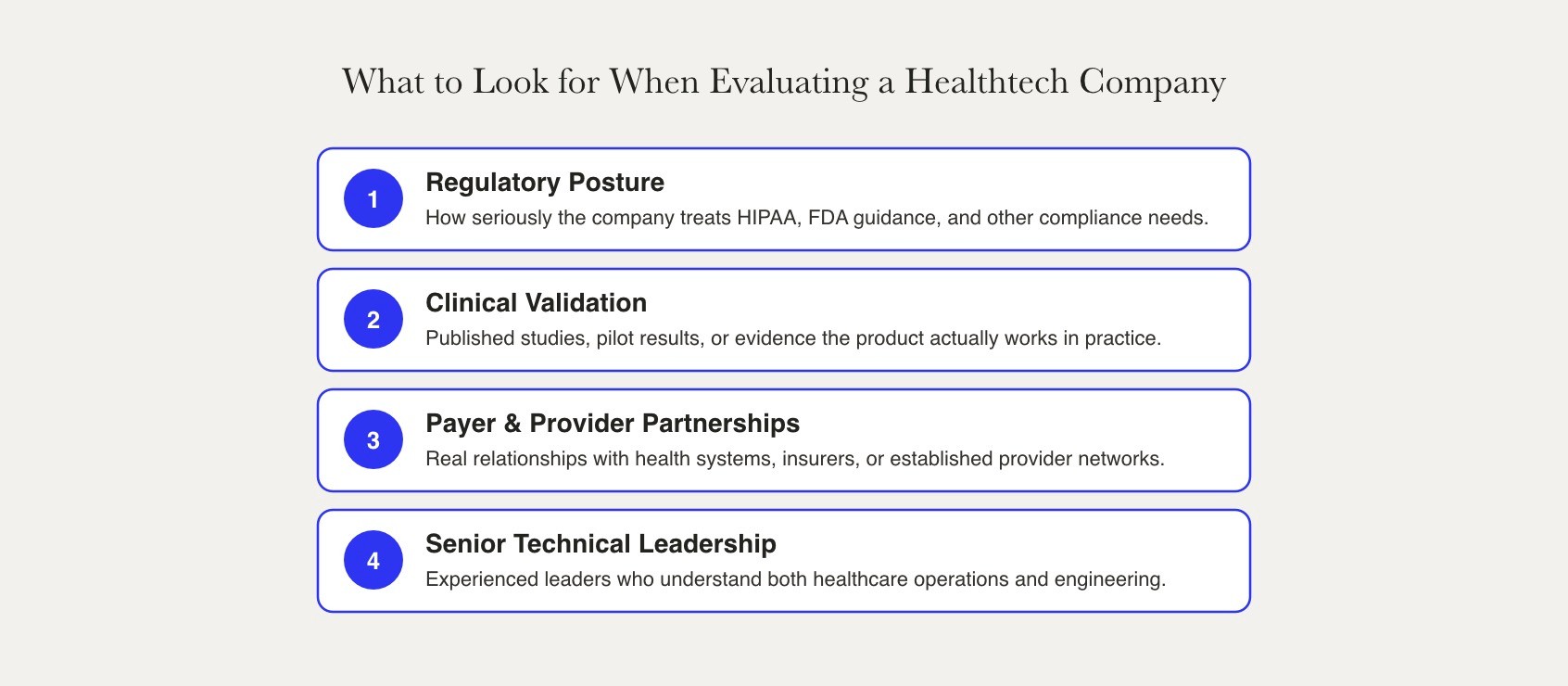 Evaluating a healthtech company means checking its regulatory posture, clinical validation evidence, payer and provider partnerships, and the presence of senior technical leadership.