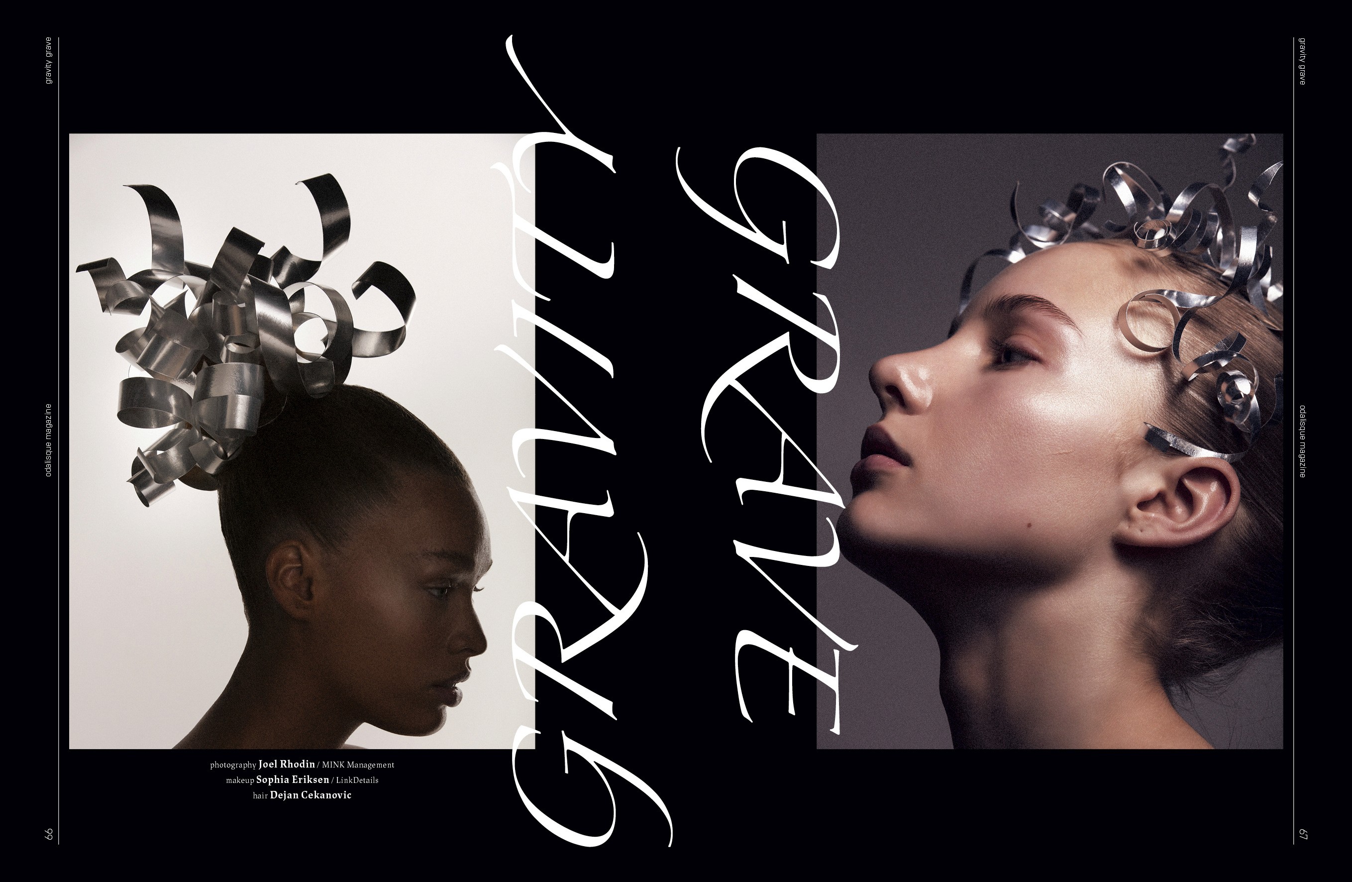 Beauty portraits on a black spread with tall, flowing white lettering between the images.