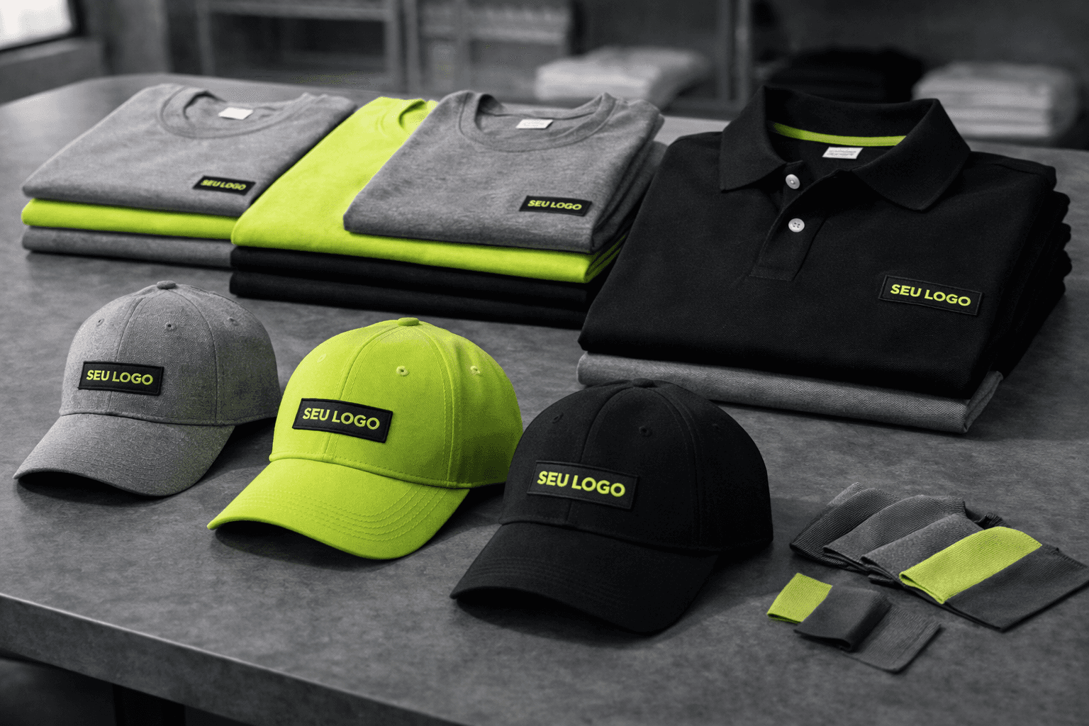 Kit corporativo personalizado com camisetas, bonés e camisas polo organizados em mesa