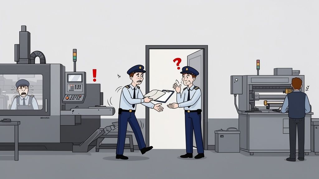 Two supervisors discuss an issue in a factory where a worker appears distressed inside a machine.