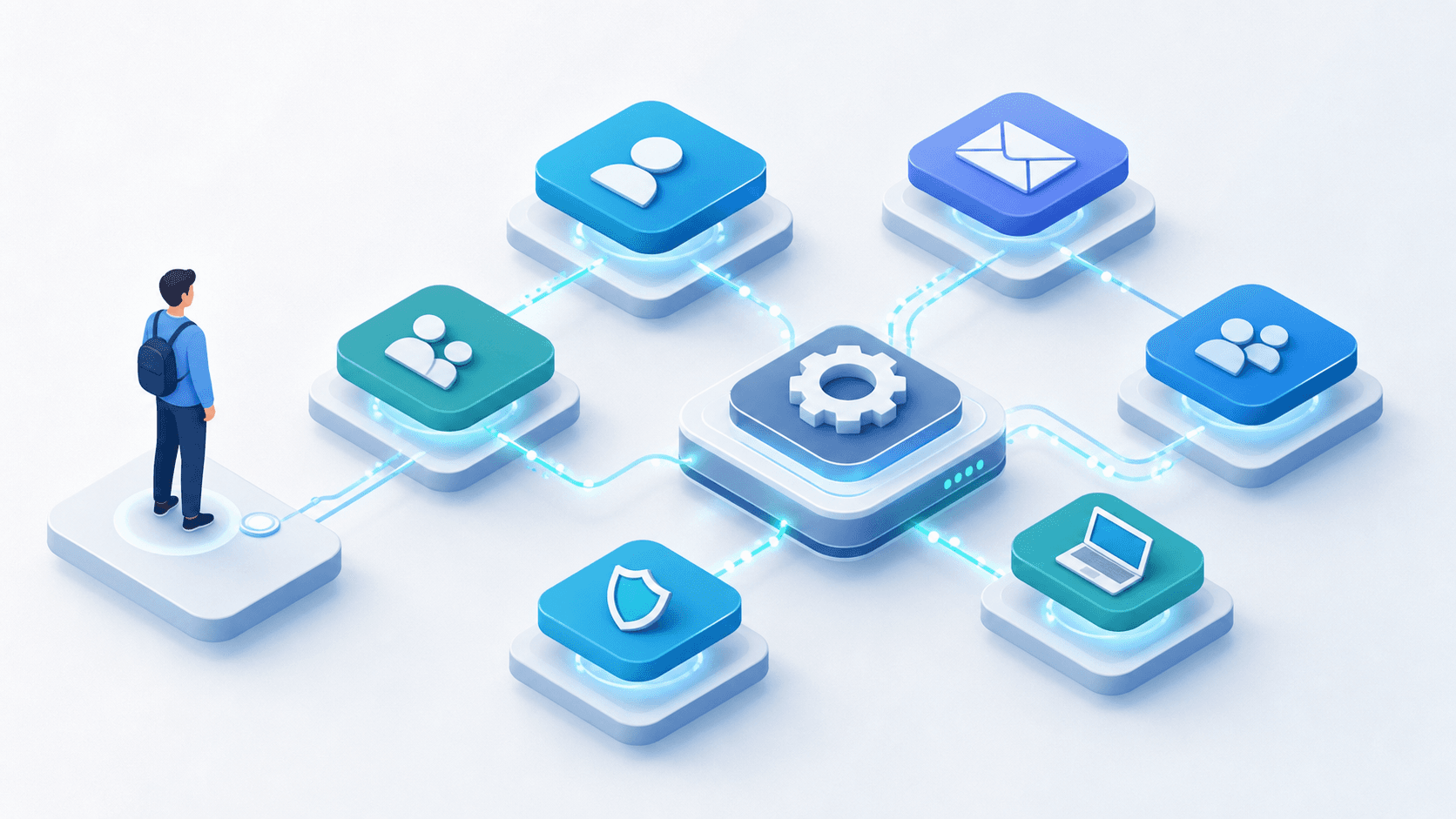 A clean, modern isometric illustration showing automated employee onboarding workflow: a series of connected floating platform icons representing HR system, identity provider, email/collaboration tools, and device management, all linked by glowing data flow lines converging into a central orchestration hub. A stylized new employee figure stands at the start of the flow. Soft blue and teal color palette with a light background, no text or labels anywhere.