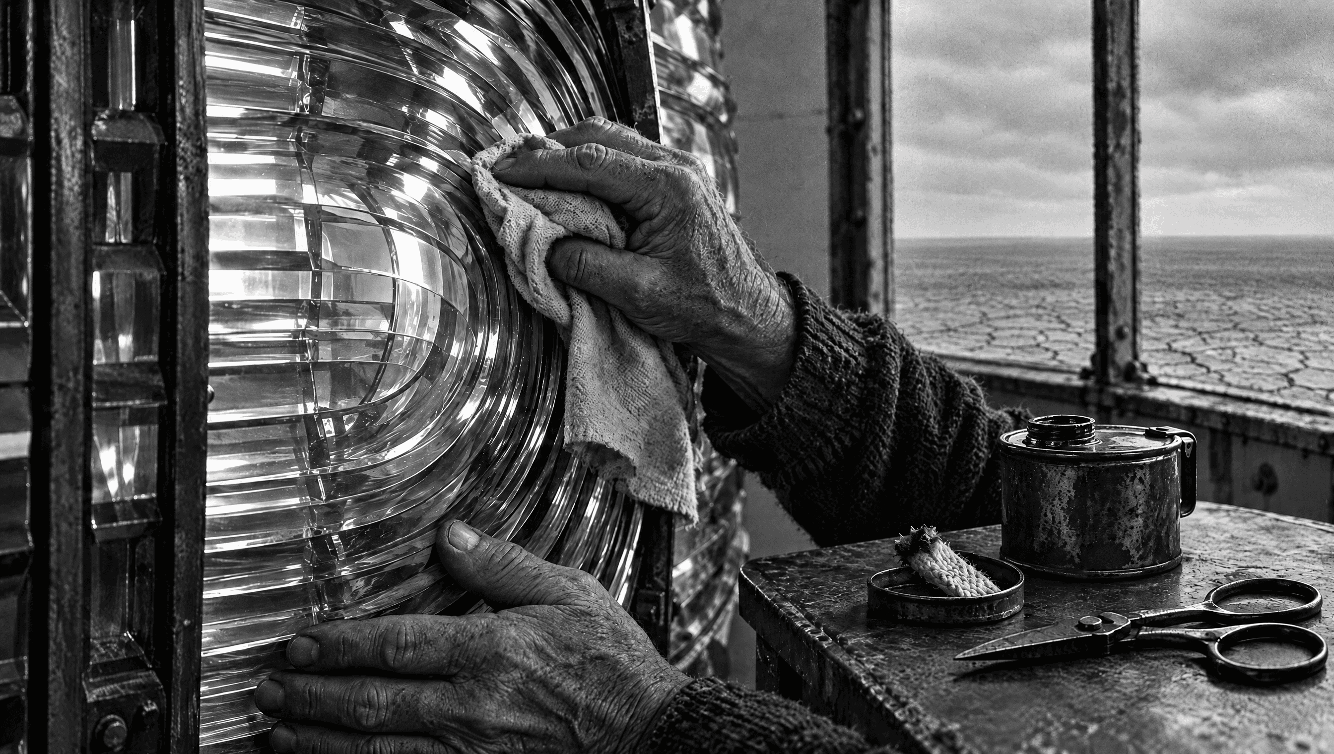 An old man's hands polishing the glass prisms of a lighthouse lens beside an oil tin, wick and scissors