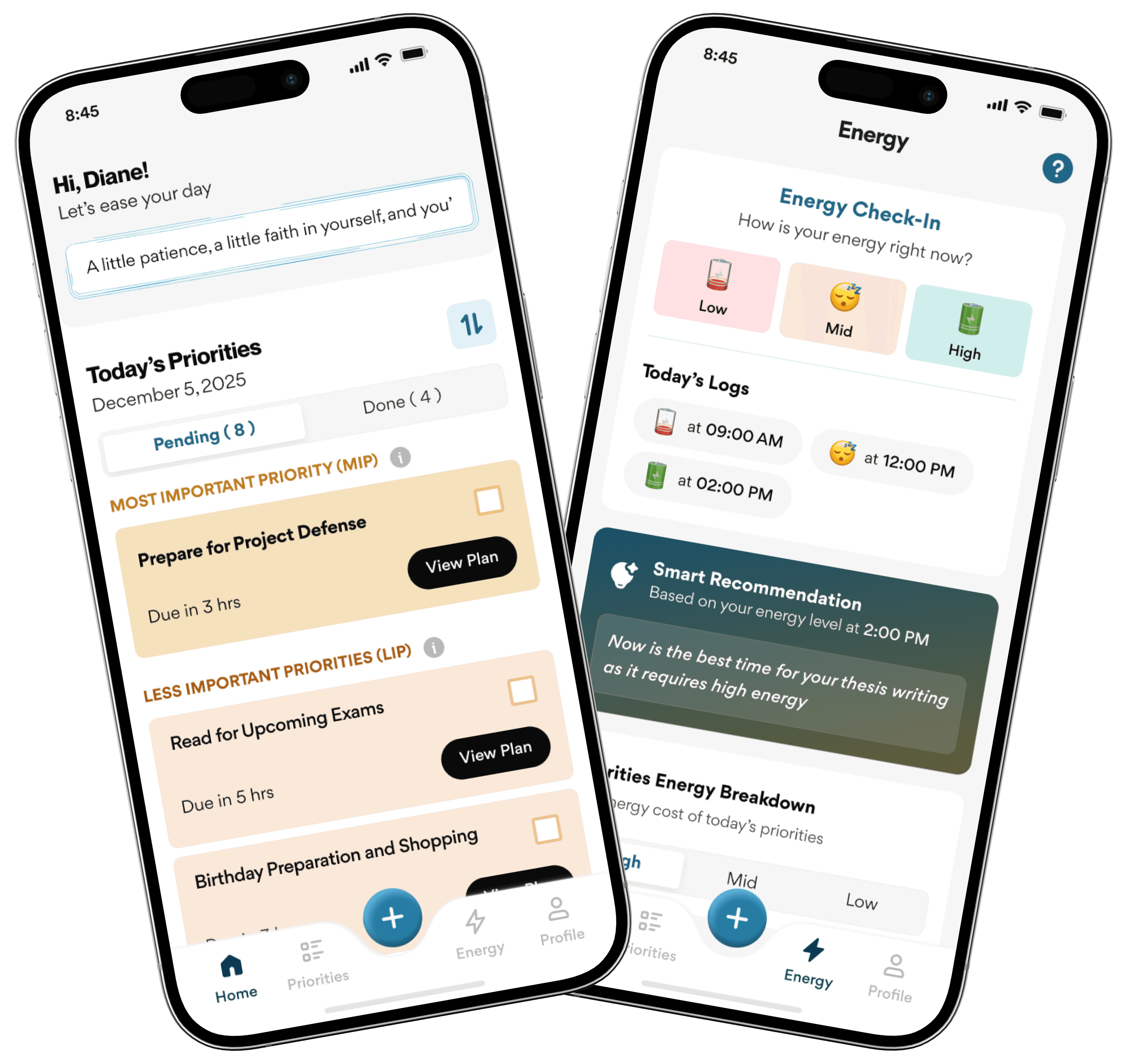 Phone mockups showing the home screen and energy details screen of the mobile app
