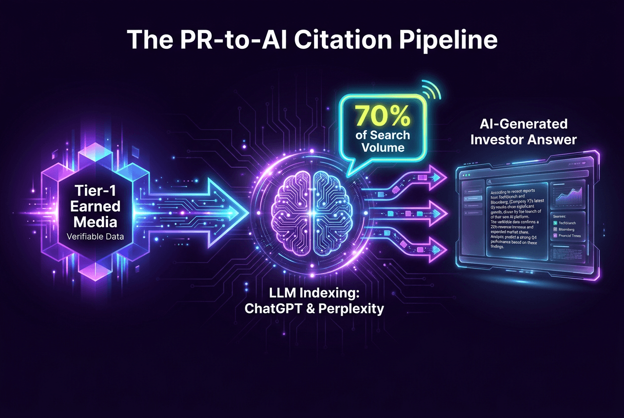 A flow diagram illustrating how Tier-1 media placements feed into LLMs like ChatGPT and Perplexity to generate AI-driven investor recommendations.