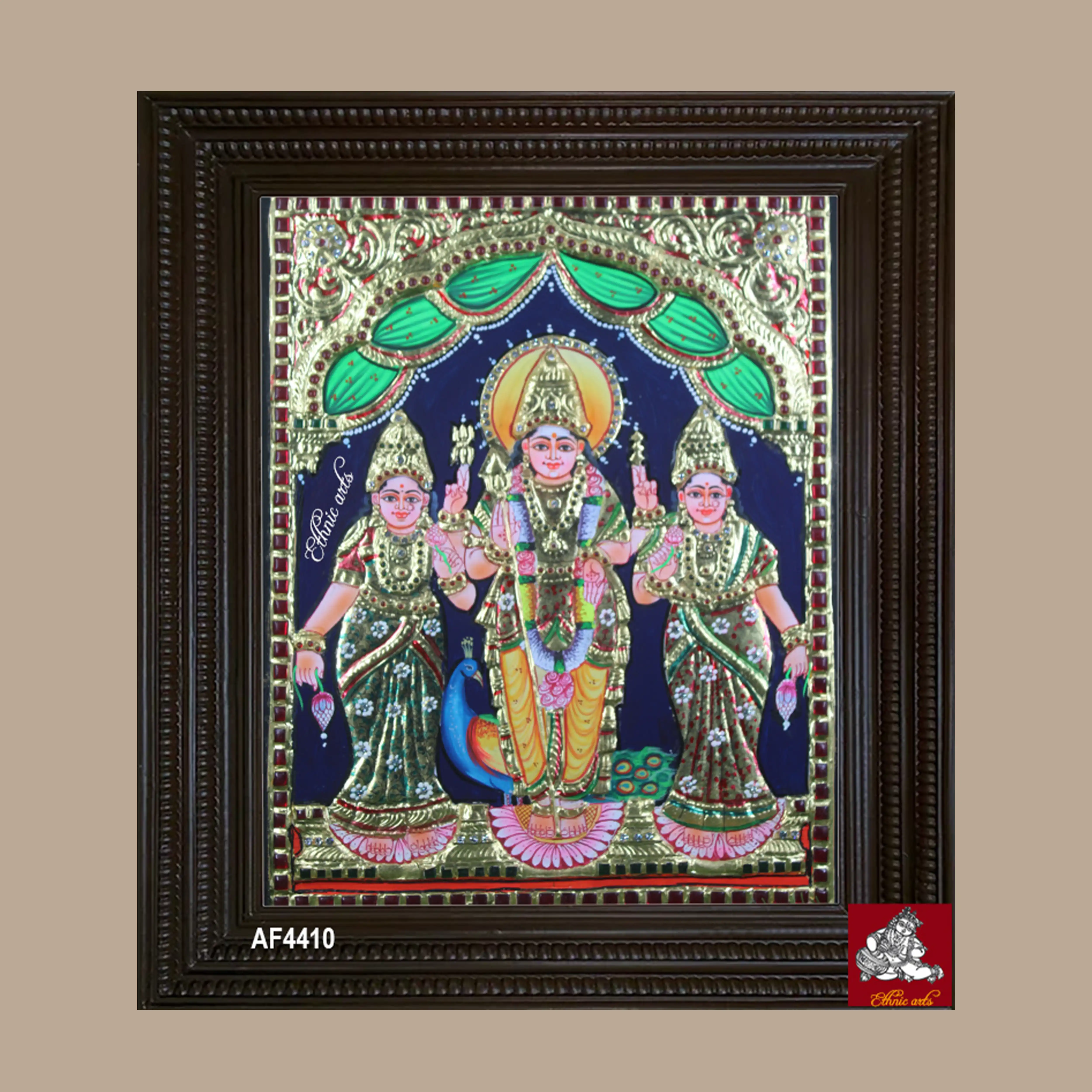 Tanjore painting of Murugan with Valli and Deivanai