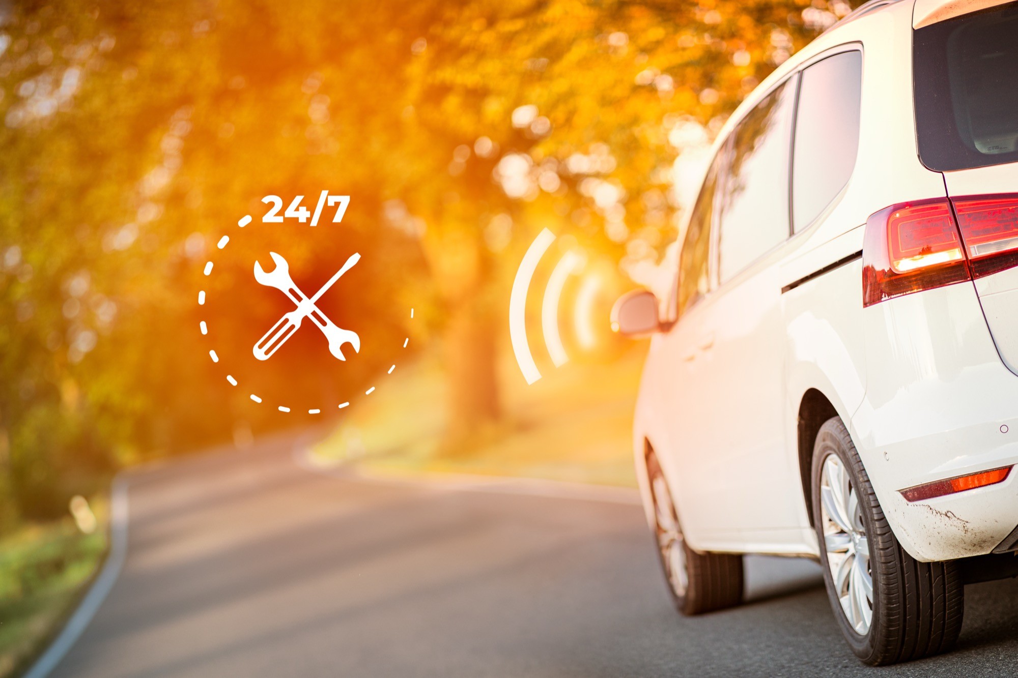 Intelligent car communicate wireless with service 24/7 about car condition. Intelligent vehicle and smart cars concept.