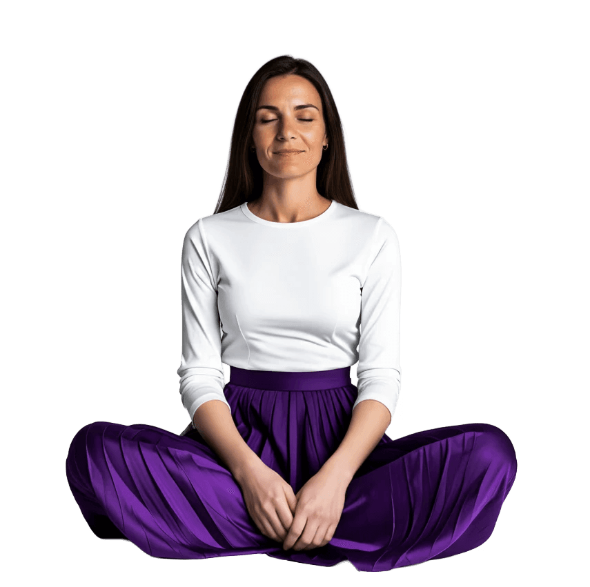 A woman sits cross-legged with eyes closed, wearing a white blouse and a long purple skirt, looking serene.