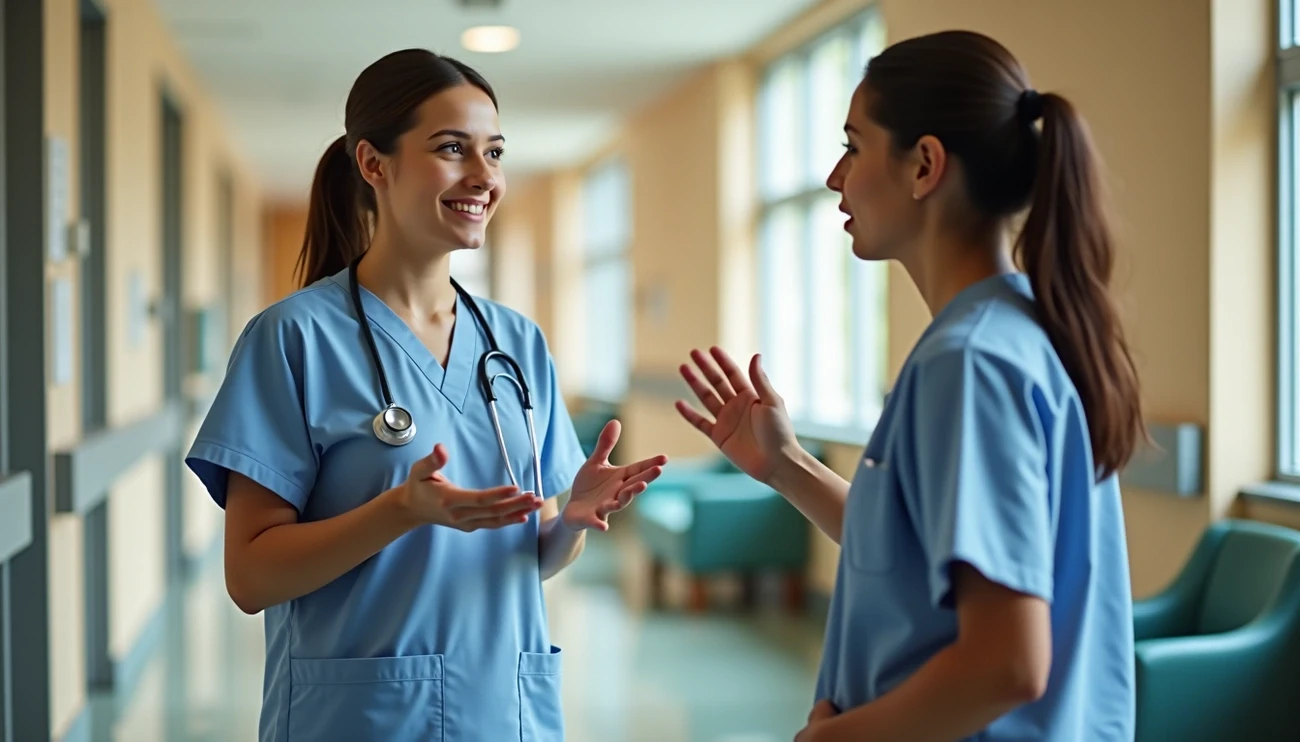 Two healthcare professionals in scrubs discussing patient de-escalation techniques in a hospital hallway.