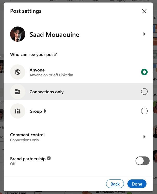 LinkedIn's post settings, with options for who can see your post, comment control, and brand partnerships