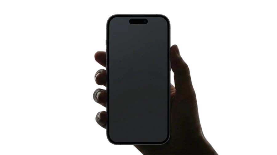 Hand holding an iPhone with a blank black screen against a white background