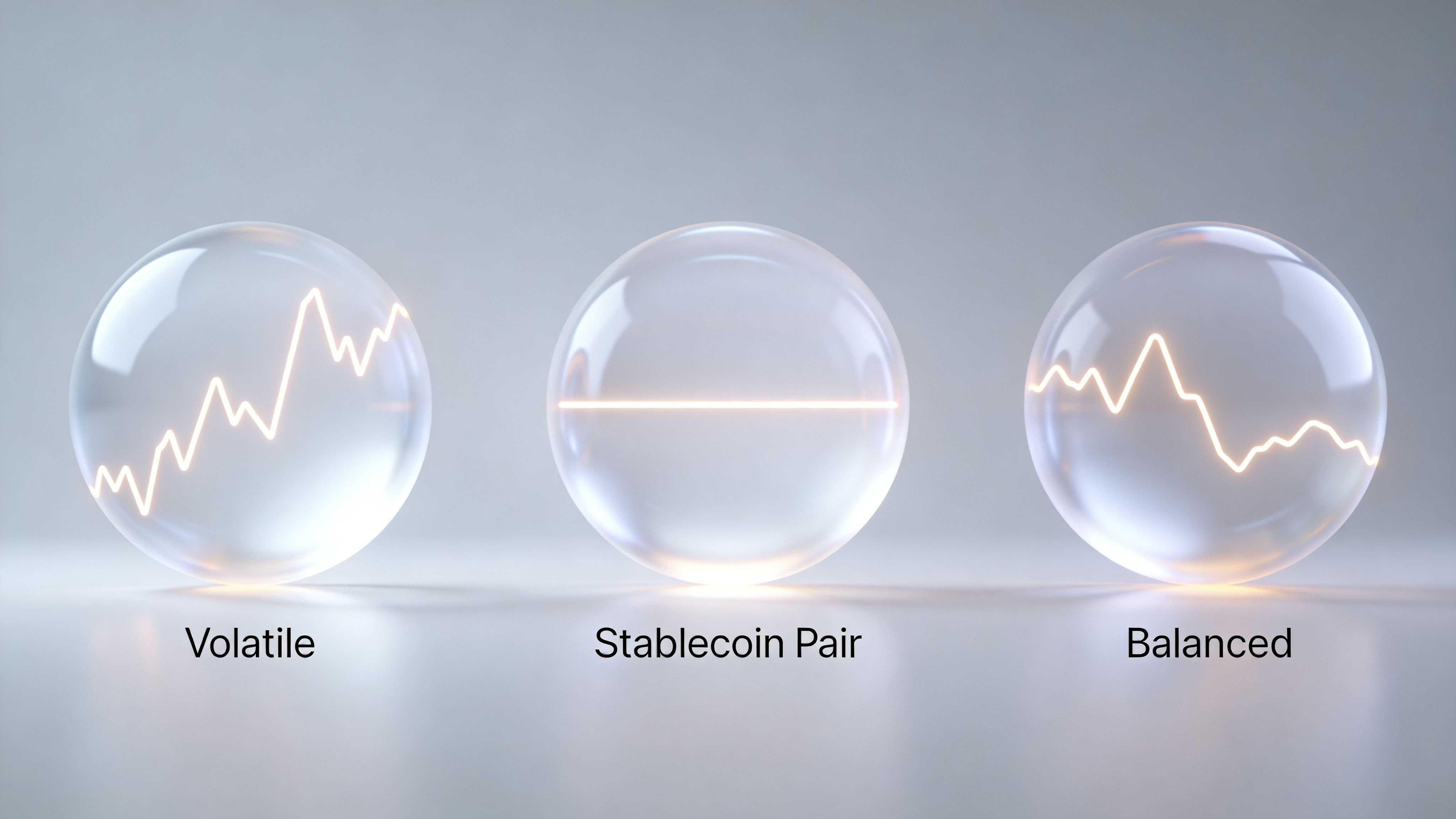 Three glass spheres showing different line graphs representing market volatility, stablecoin pairs, and balanced asset performance.