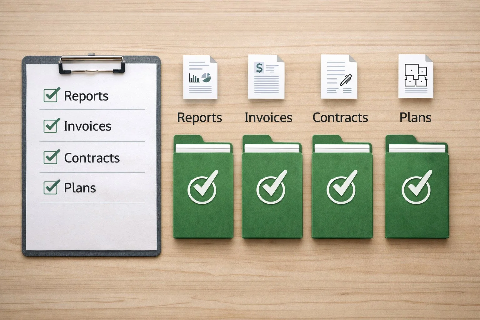 Visual checklist with all items checked off, shown as ordered icons and folders indicating completion.