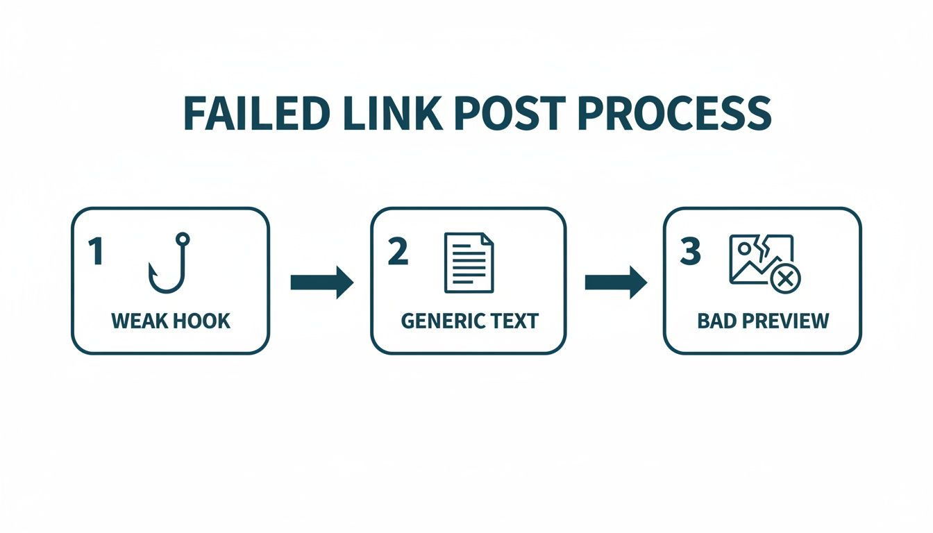 Flowchart illustrating a failed link post process, showing weak hook, generic text, and bad preview steps.