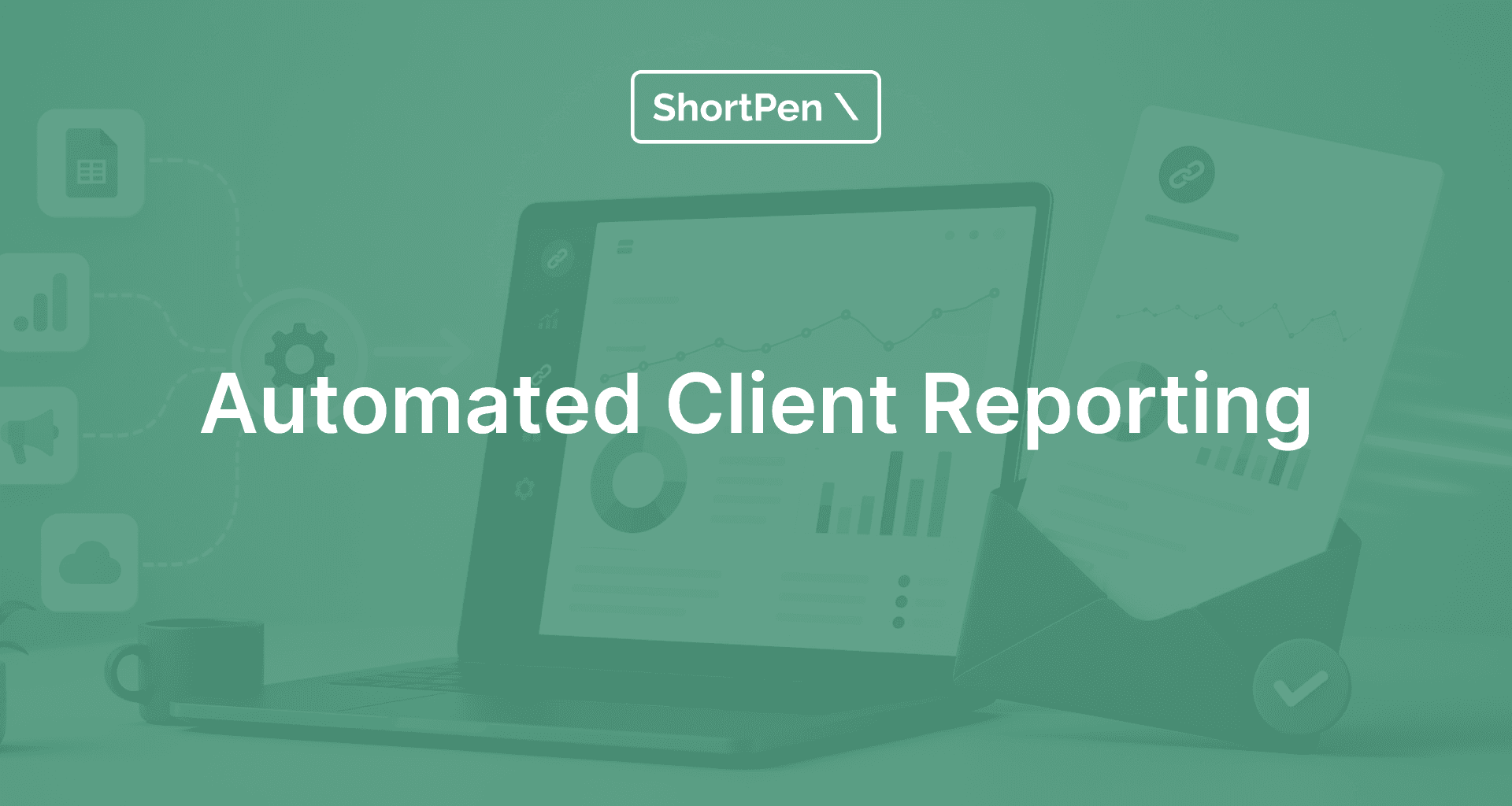 Laptop screen displaying client data charts with envelope and report icons for automated client reporting
