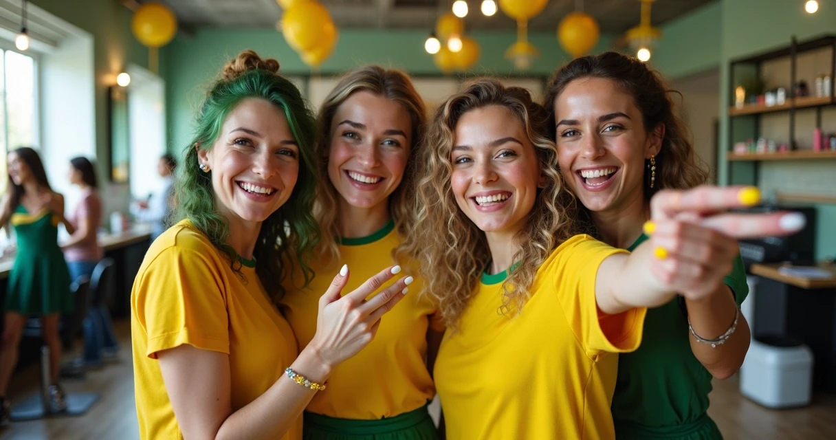 Mulheres celebrando no salão de beleza com cabelo e unhas com tema copa