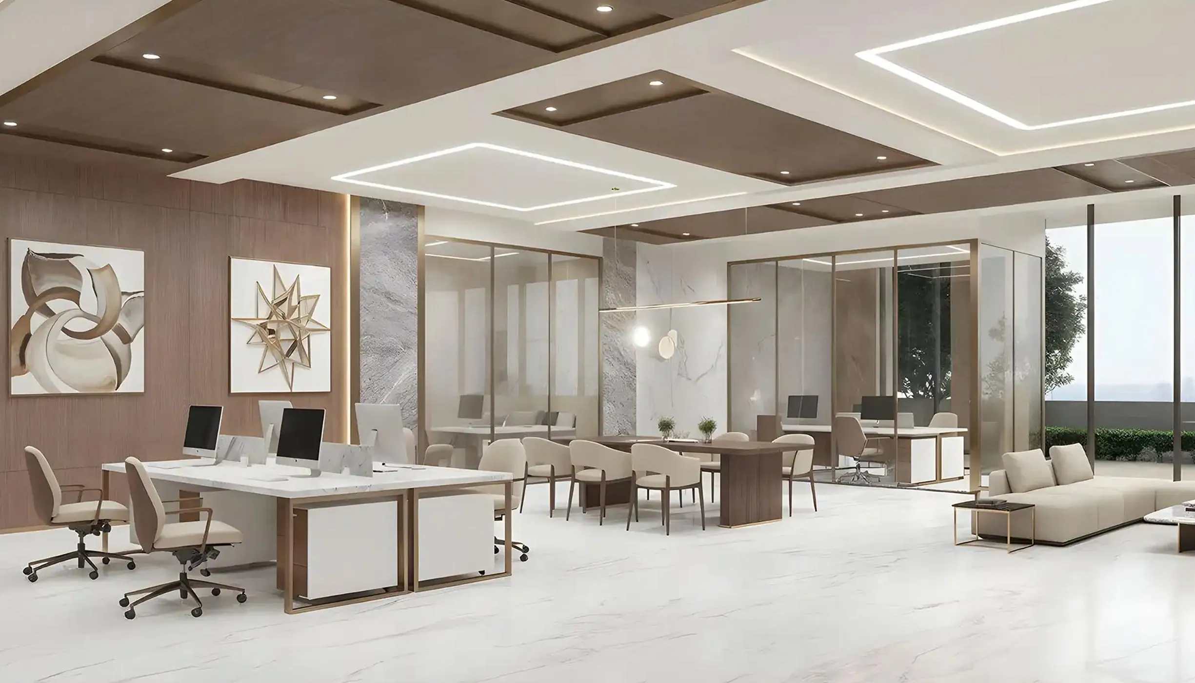 A modern office featuring marble floors, white walls, and radiant atrium towers, creating a bright and spacious environment.