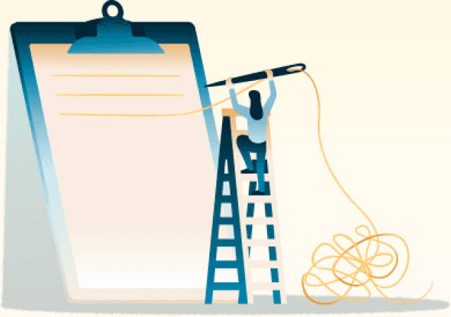 Illustration of a clipboard tangled in loose thread
