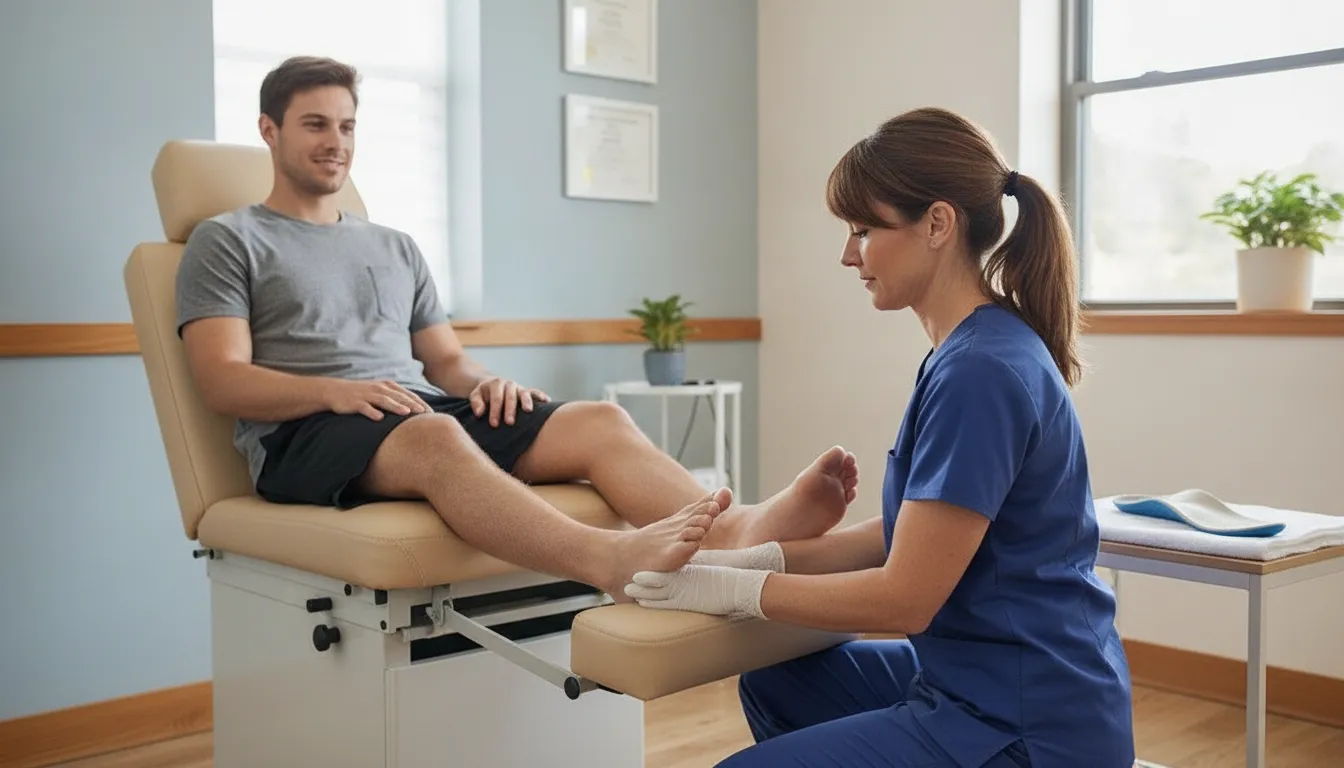 Podiatrist examining a patient's foot and ankle during a first visit